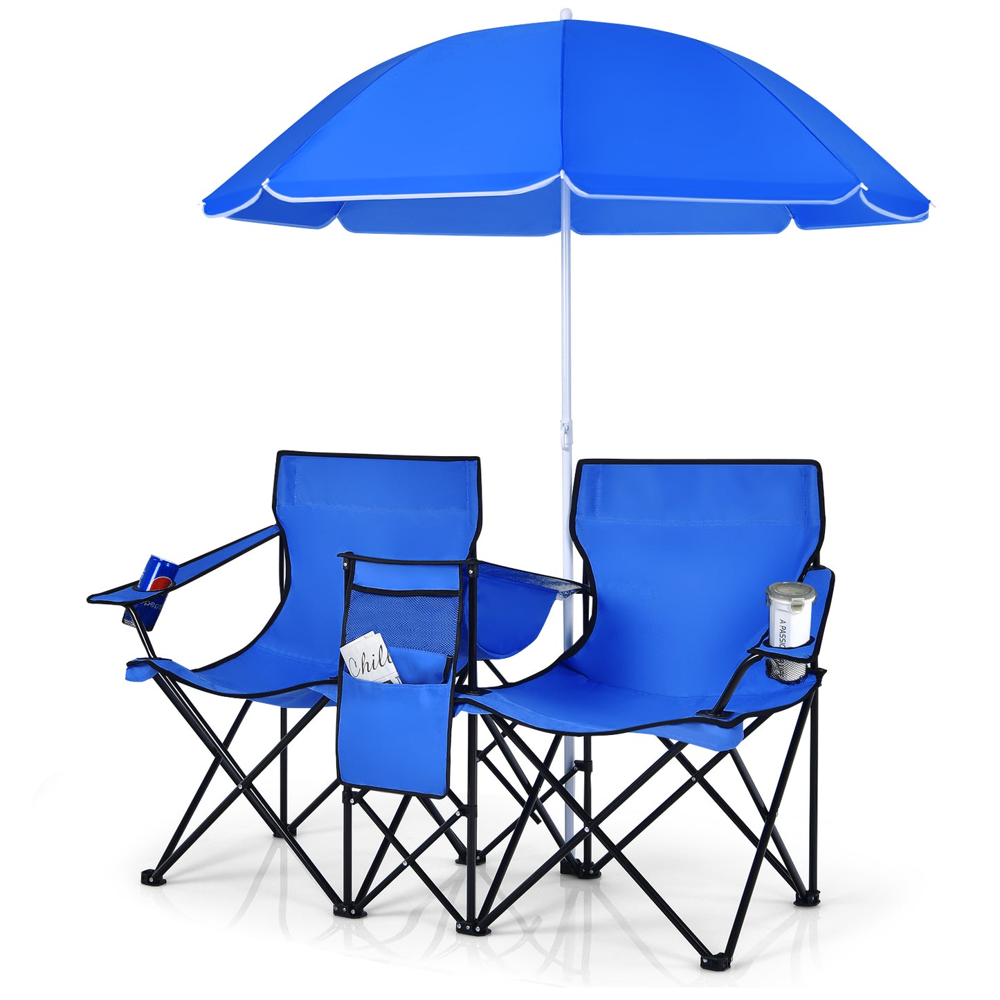 Portable Folding Picnic Chair with Adjustable Umbrella - Blue
