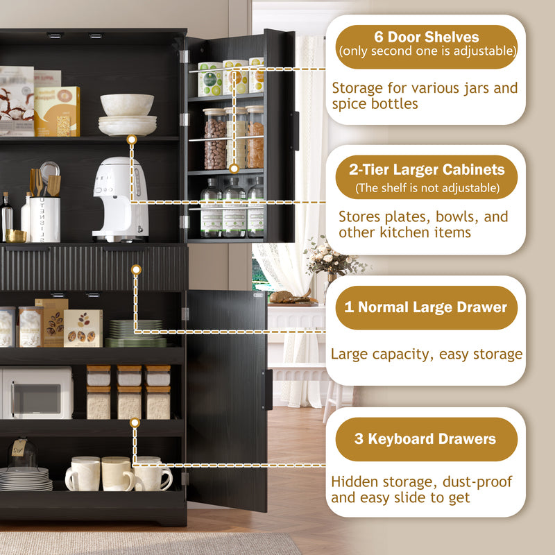72-Inch Black Pantry Cabinet with 3 Drawers & 6 Shelves
