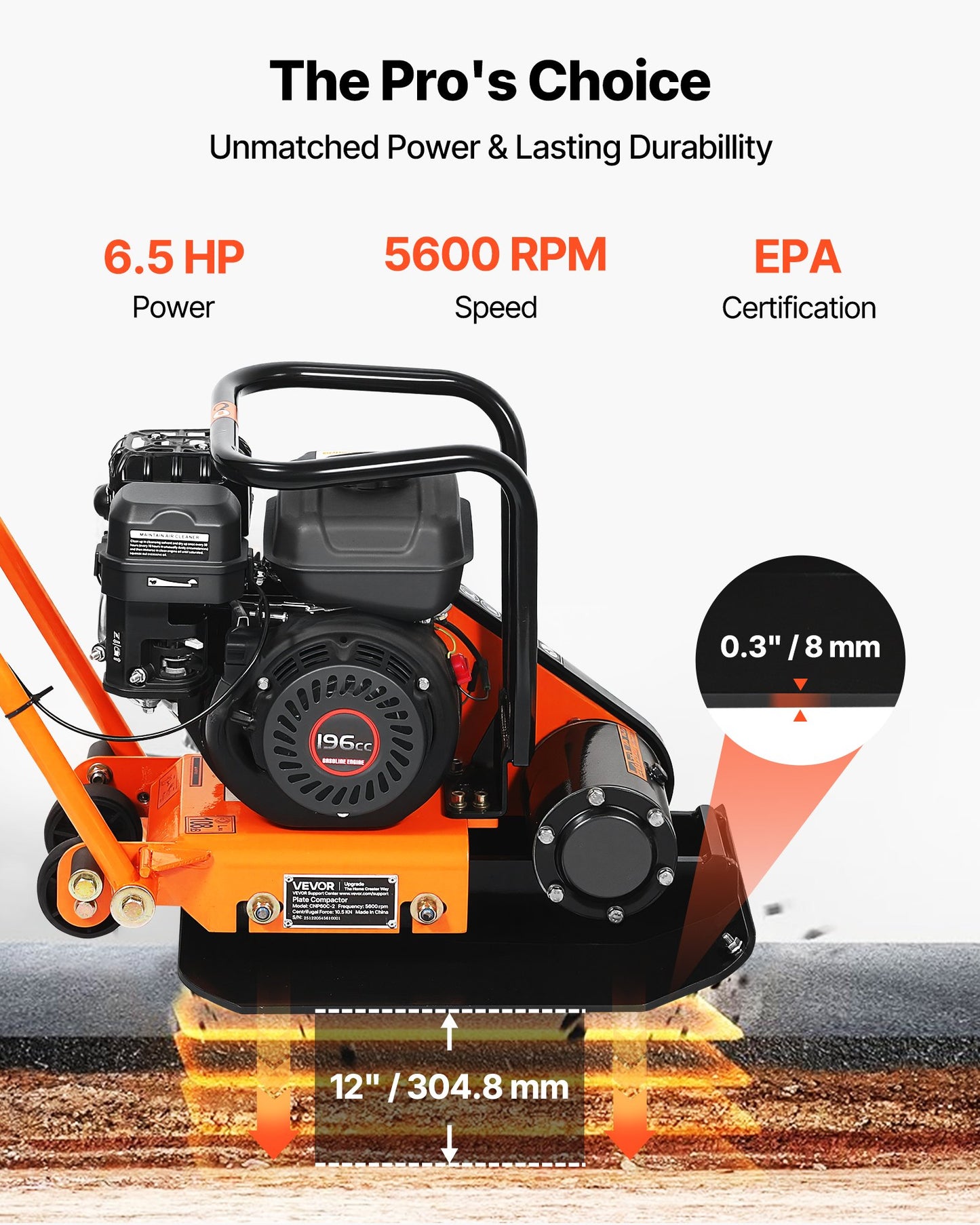 Gas Plate Compactor 6.5 HP 196CC Walk-Behind Ground Rammer for Paving Landscaping