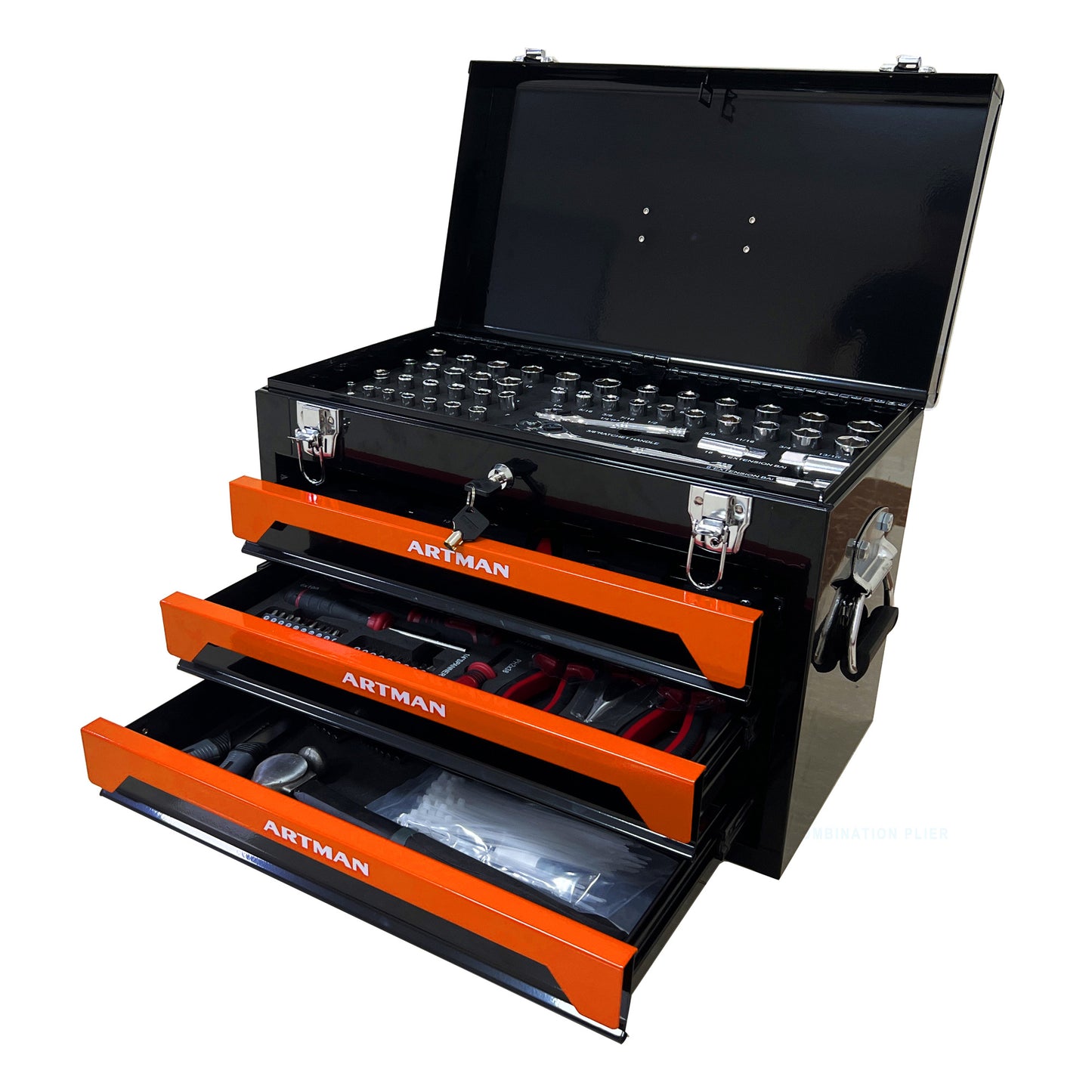 3 Drawer Tool Box with Tool Set - Heavy Duty Metal Storage Organizer