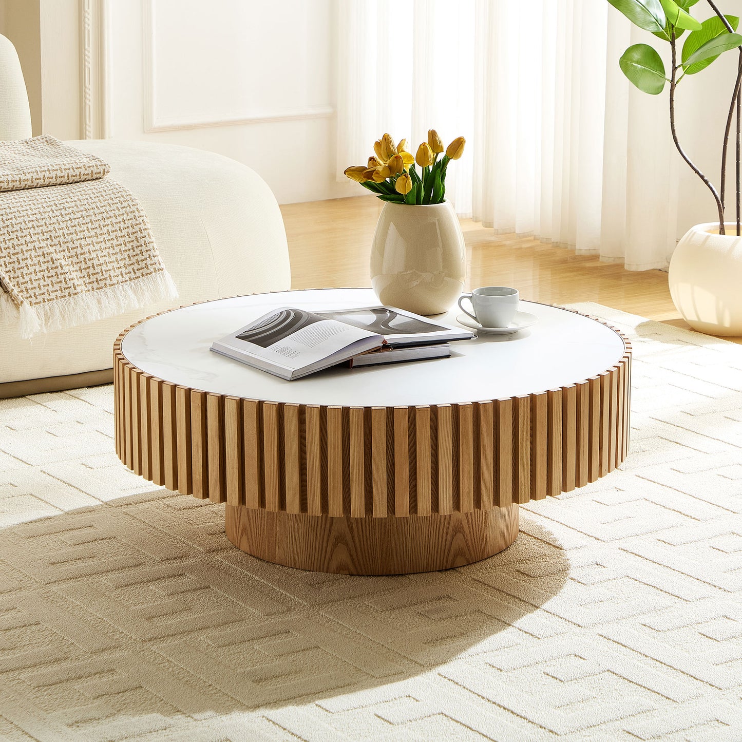 Modern Round Coffee Table with Sintered Stone Top - Oak