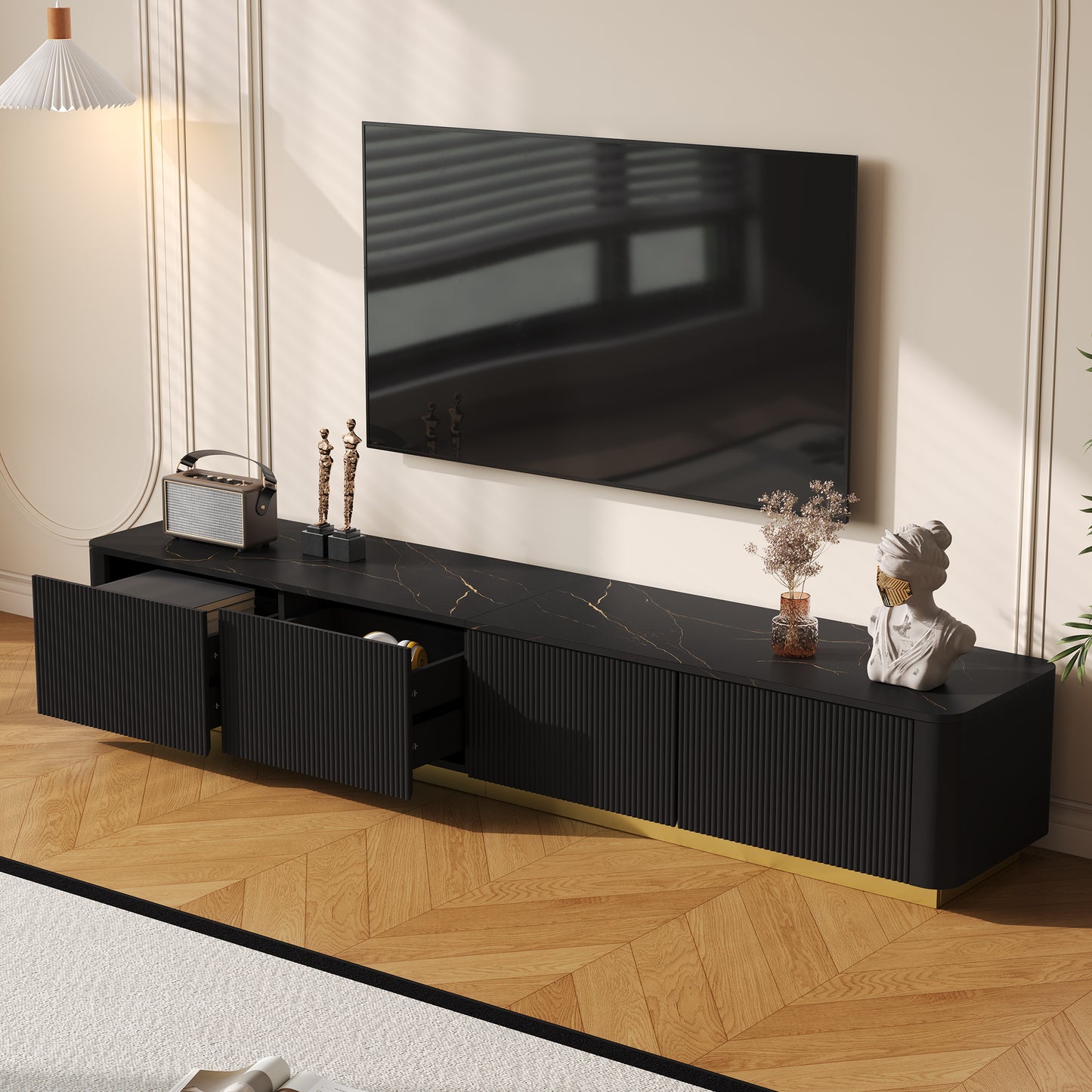 Modern Faux Marble TV Stand for TVs Up to 85" - Black