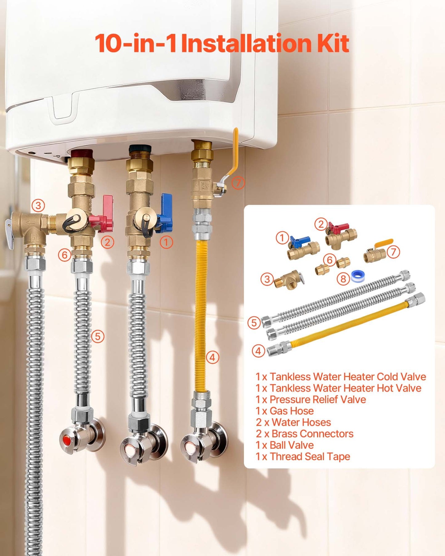 Water Heater Repair Kit with 3/4 Inch Valves and Hoses - Suitable for Tankless Systems