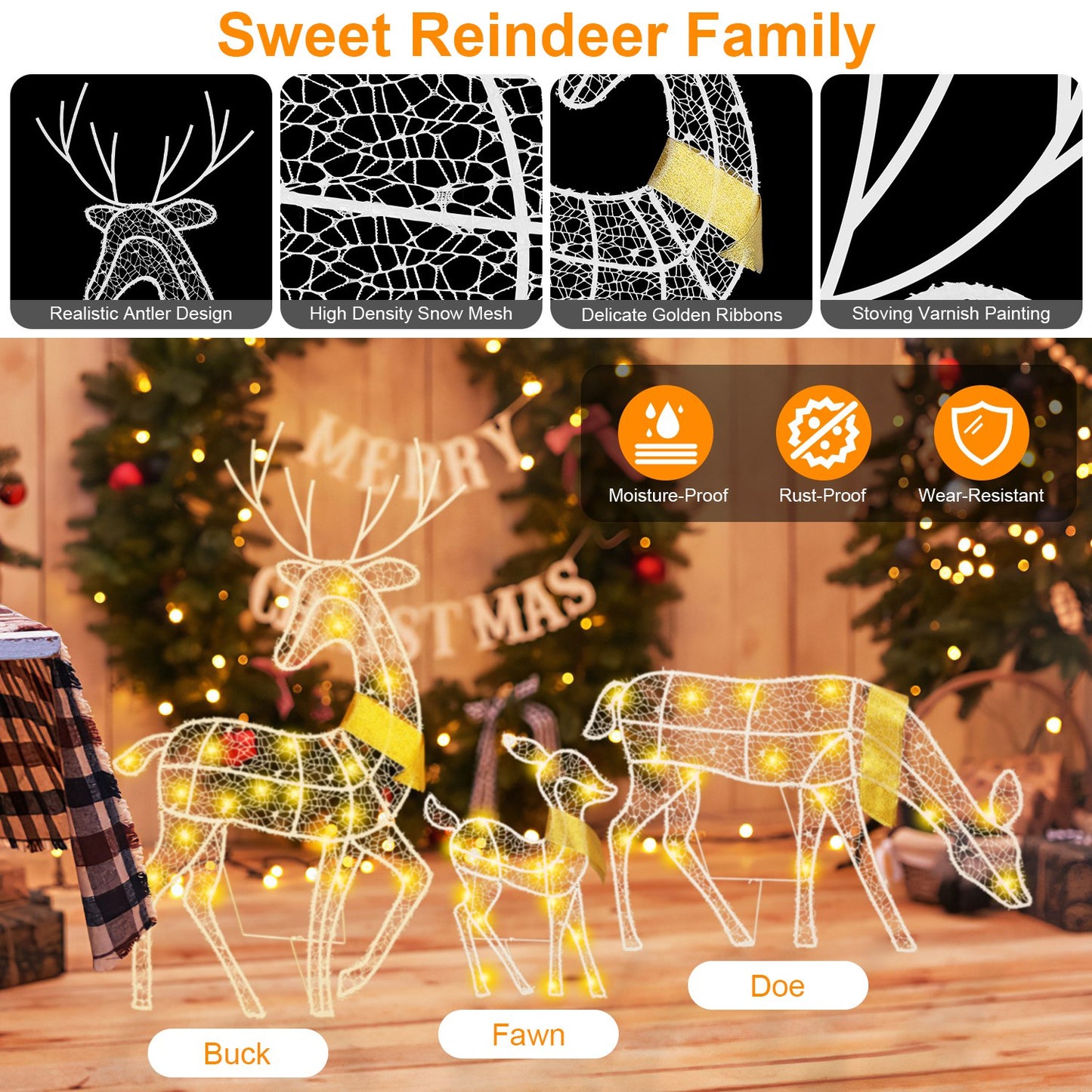 3 Sets of Lighted 2D Reindeer Family Christmas Decoration