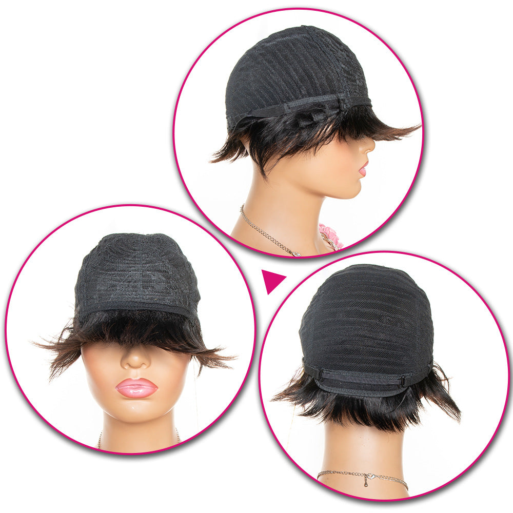 Short Pixie Cut Human Hair Wig with Bangs - Black