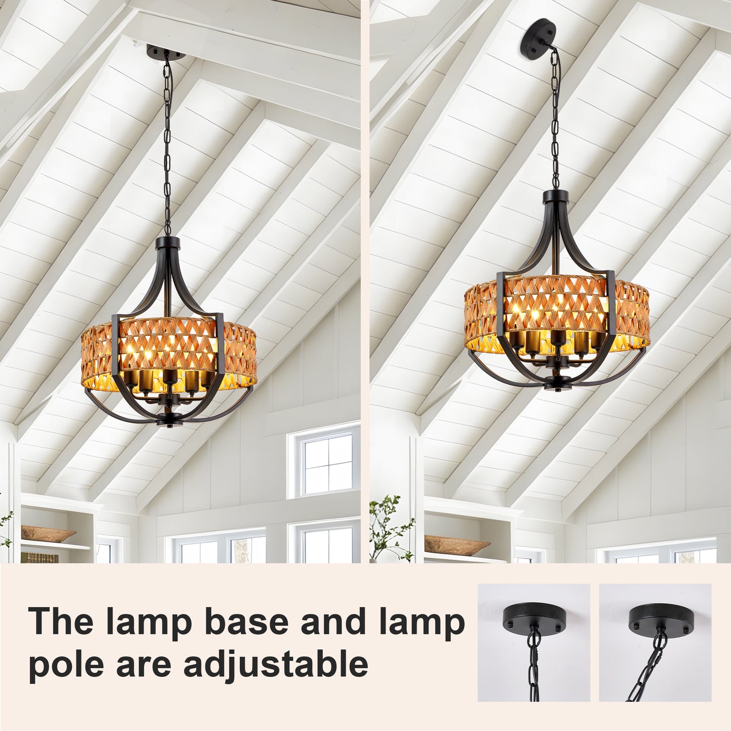 19.7-Inch Black Rattan Pendant Light with 5 LED Spotlights - Farmhouse Ceiling Chandelier for Dining & Living Rooms