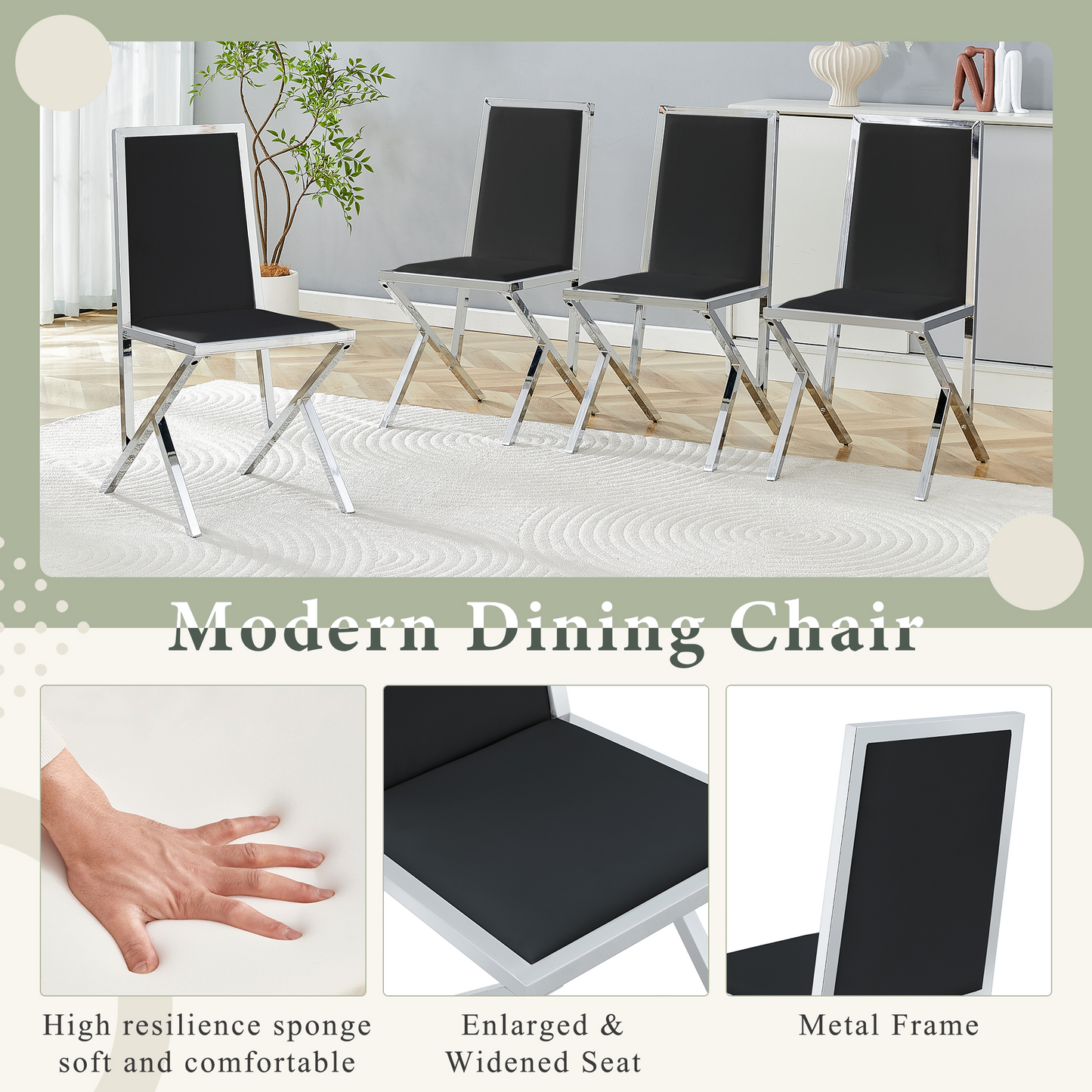 4-pack Silver Metal Framed Black PU Dining Chairs Ergonomic Design, A