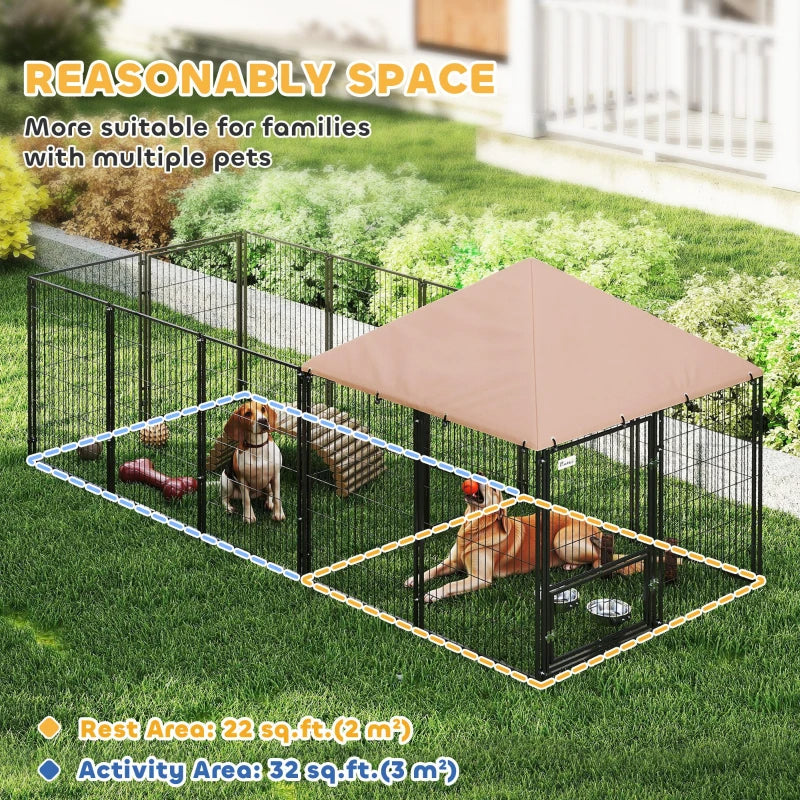 Large Outdoor Dog Kennel with Rotating Adjustable Feed Bowls Waterproof Canopy