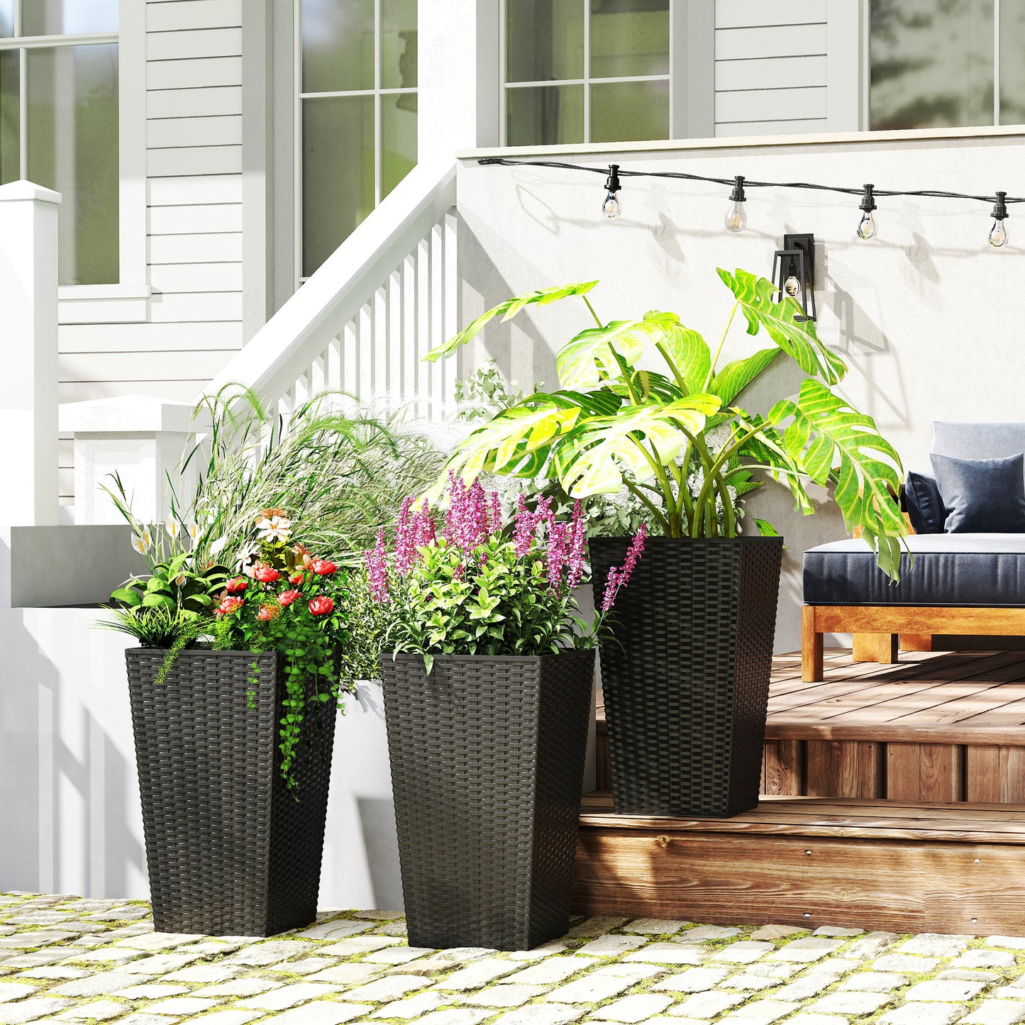 Set of 3 Tall Outdoor & Indoor Planters with Drainage Holes - Black, 24 Inches