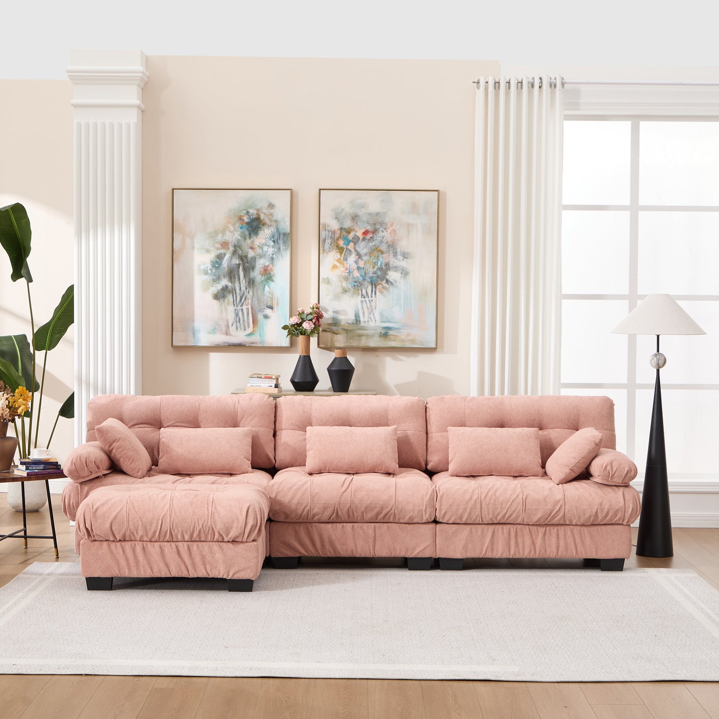 Oversized Modular Sectional Sofa with Movable Ottoman - Pink