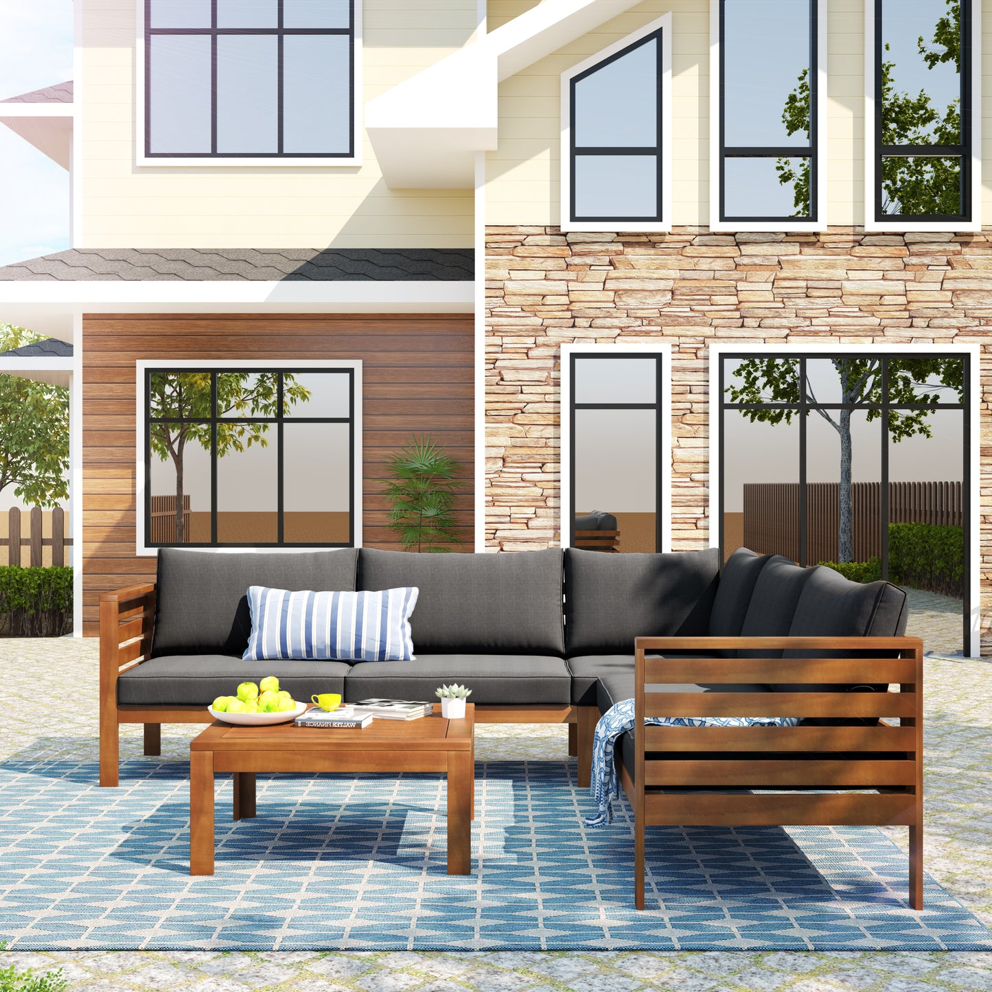 Wood Structure Outdoor Sofa Set With Gray Cushions Exotic Design