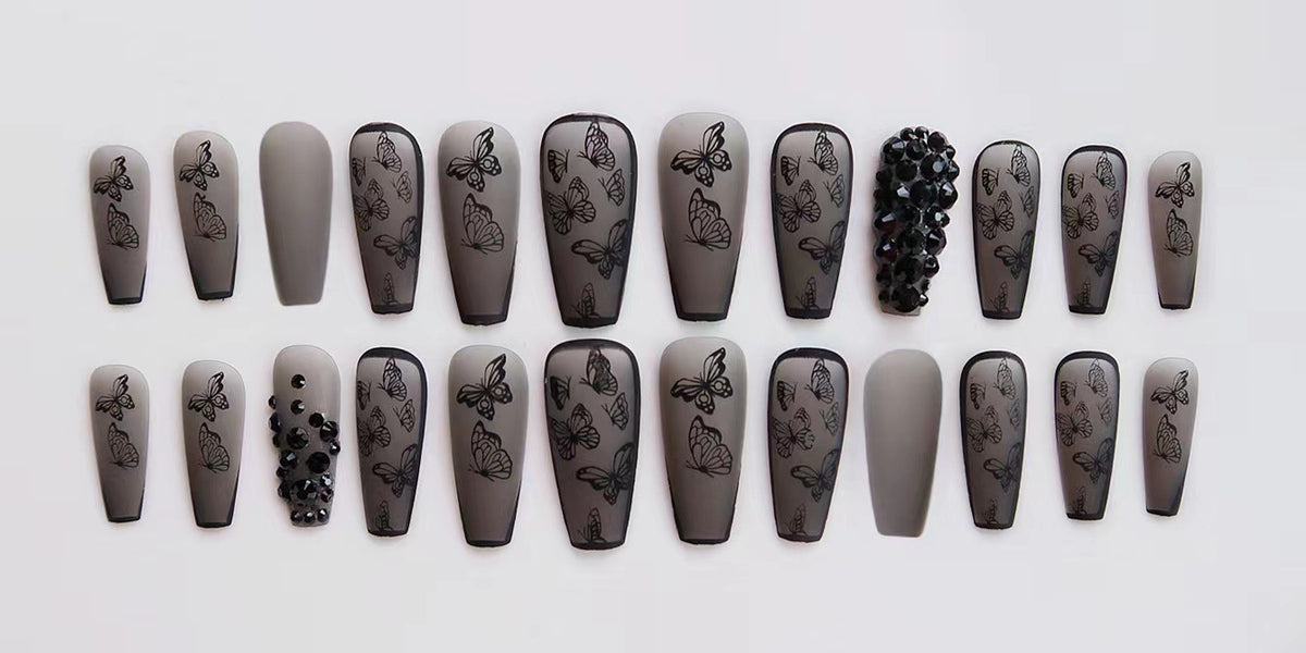 Long Fake Nail Set - Black Frosted Butterfly Design, Removable Armor Style