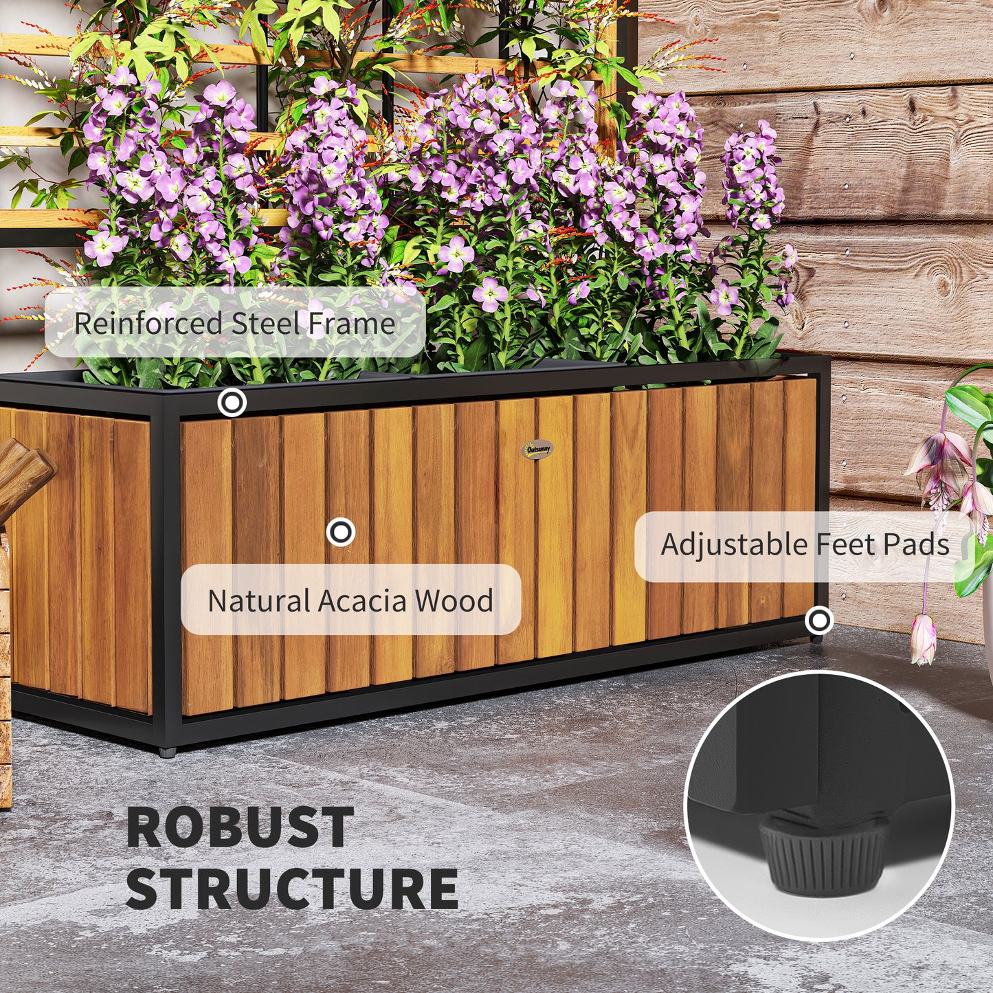 Wooden Raised Garden Bed with Trellis and Removable Pots - Teak, 29x11x52 Inches