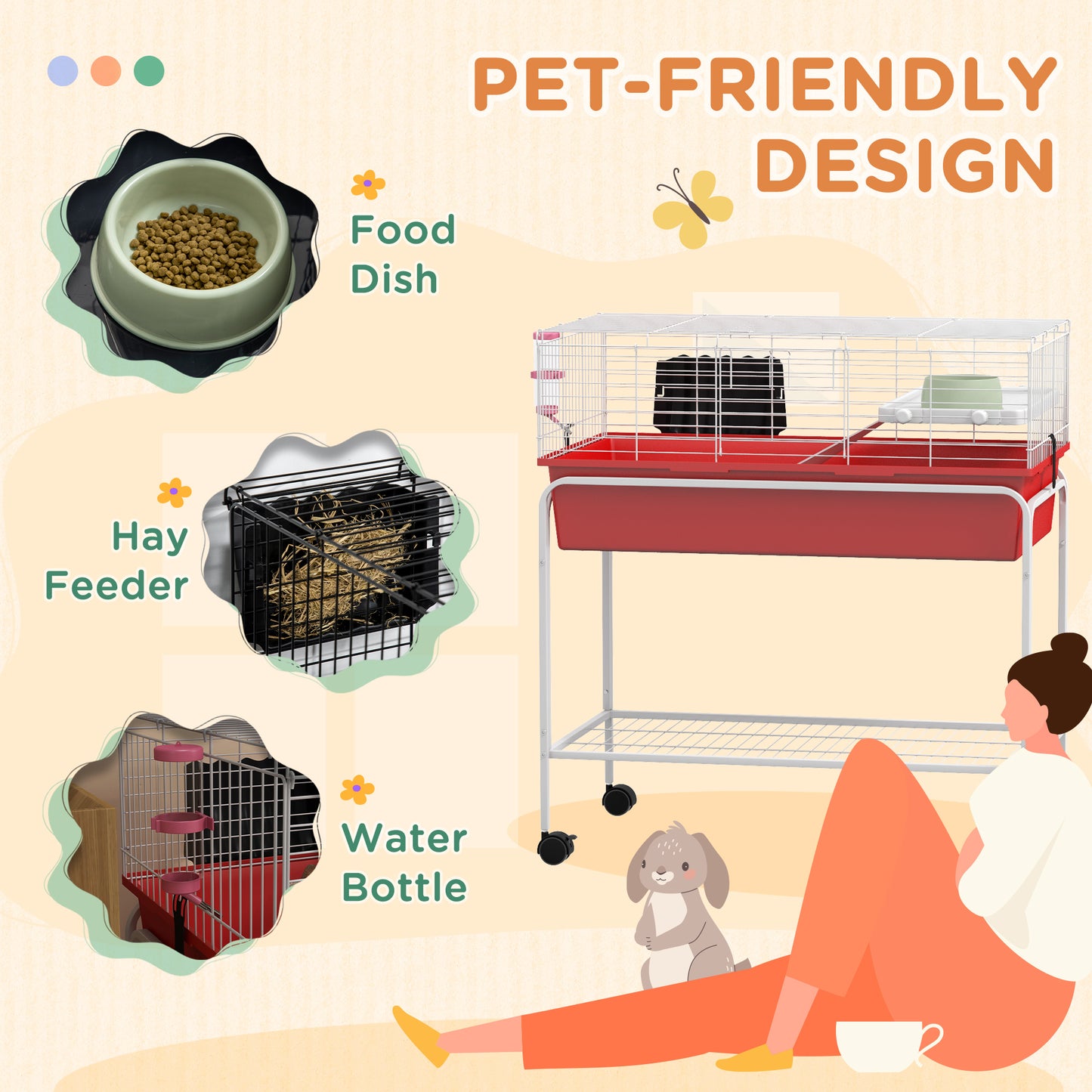 Small Animal Cage with Removable Stand, Wheels & Shelf - 33x18.5x35 Inches, Red