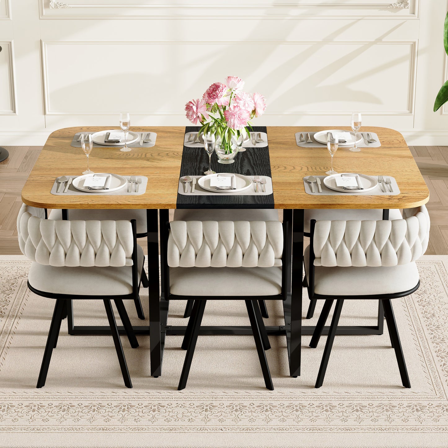 7-Piece Dining Table Set with Two-Tone Wood Top & Velvet Chairs