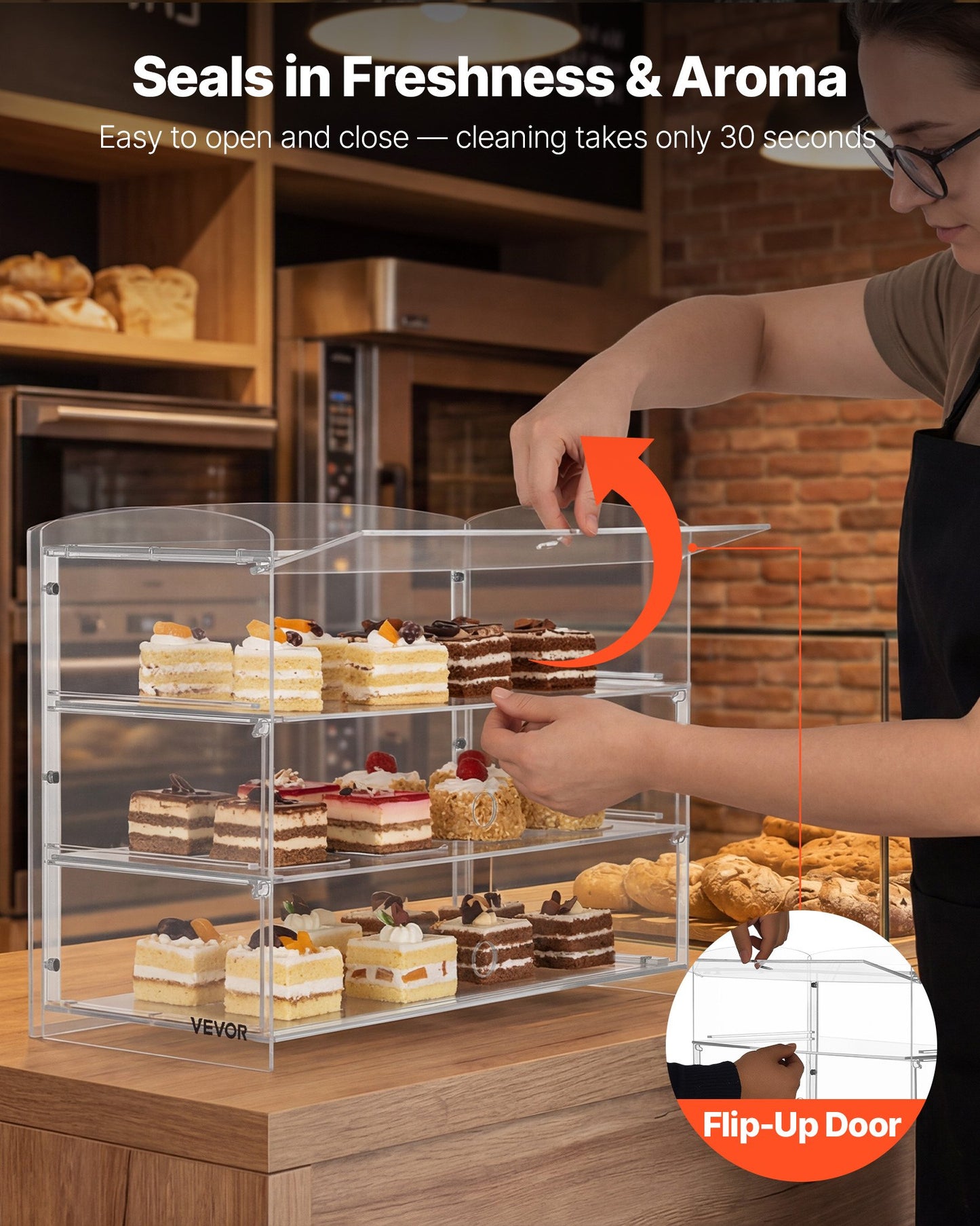 3-Tier Acrylic Bakery Display Case with Flip-Up Door for Pastries & Desserts - 19x9.1x15 Inches