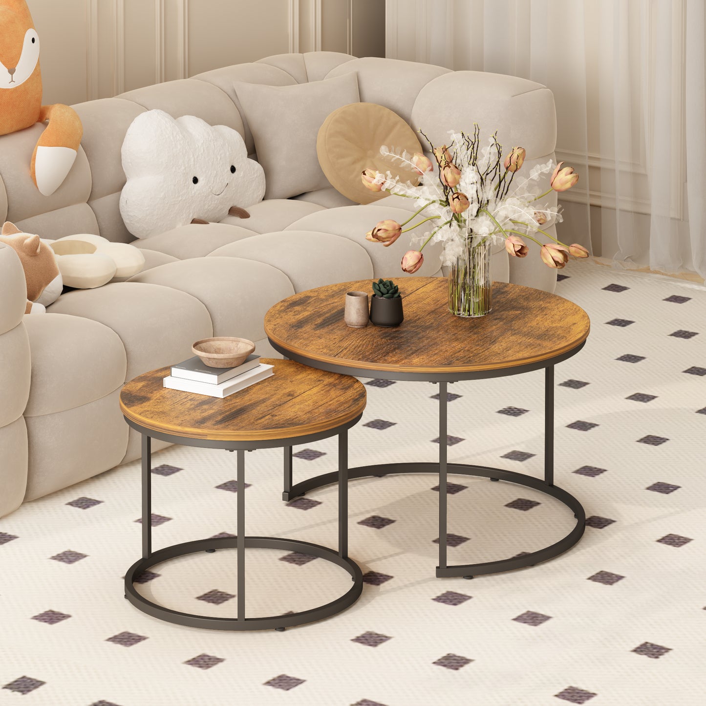 Nesting Coffee Table Set of 2 - Round Wood & Metal, Rustic Brown