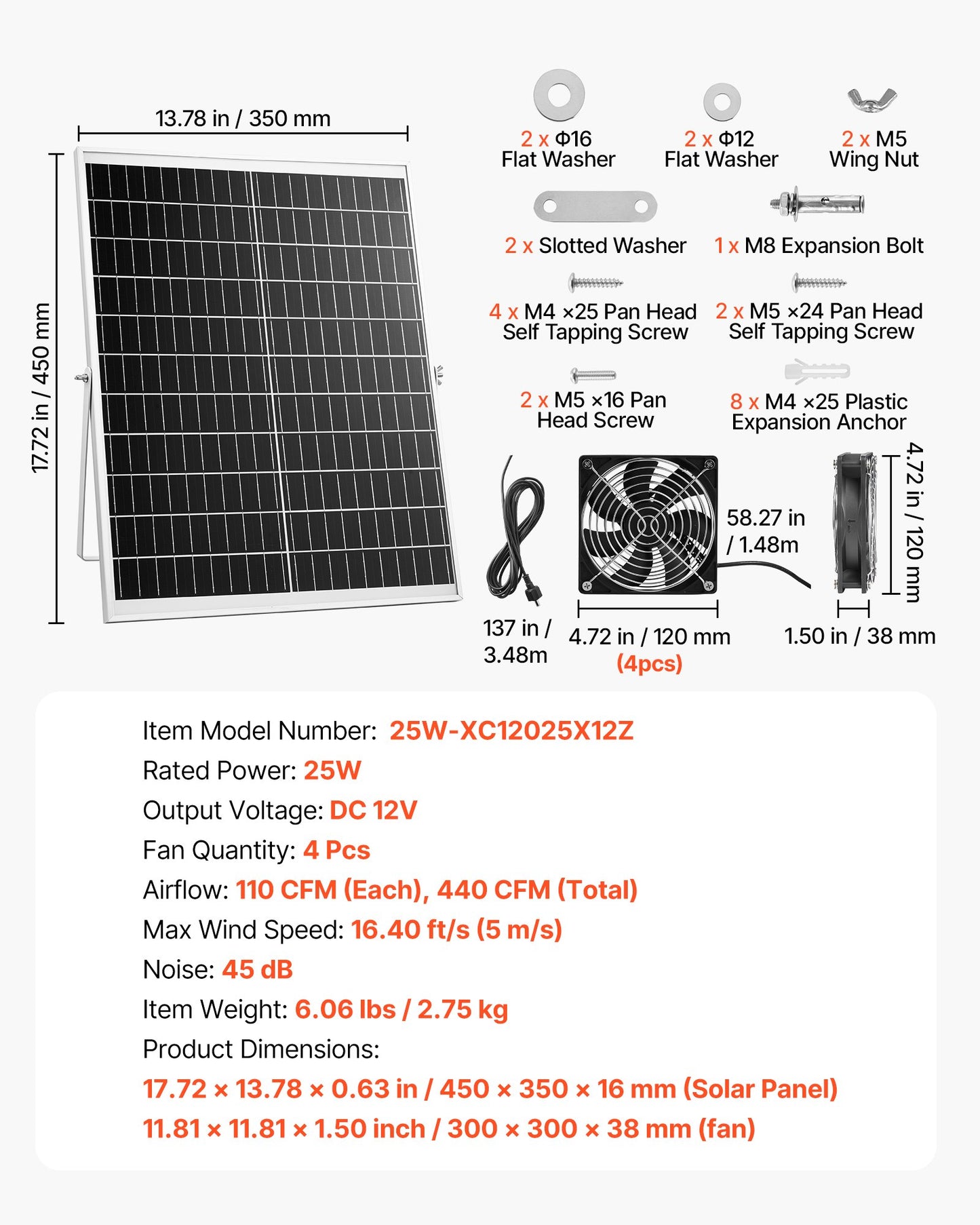 Solar Powered Garden Fan with 25W Panel & 4 High-Speed Fans - Adjustable for Greenhouses & Coops