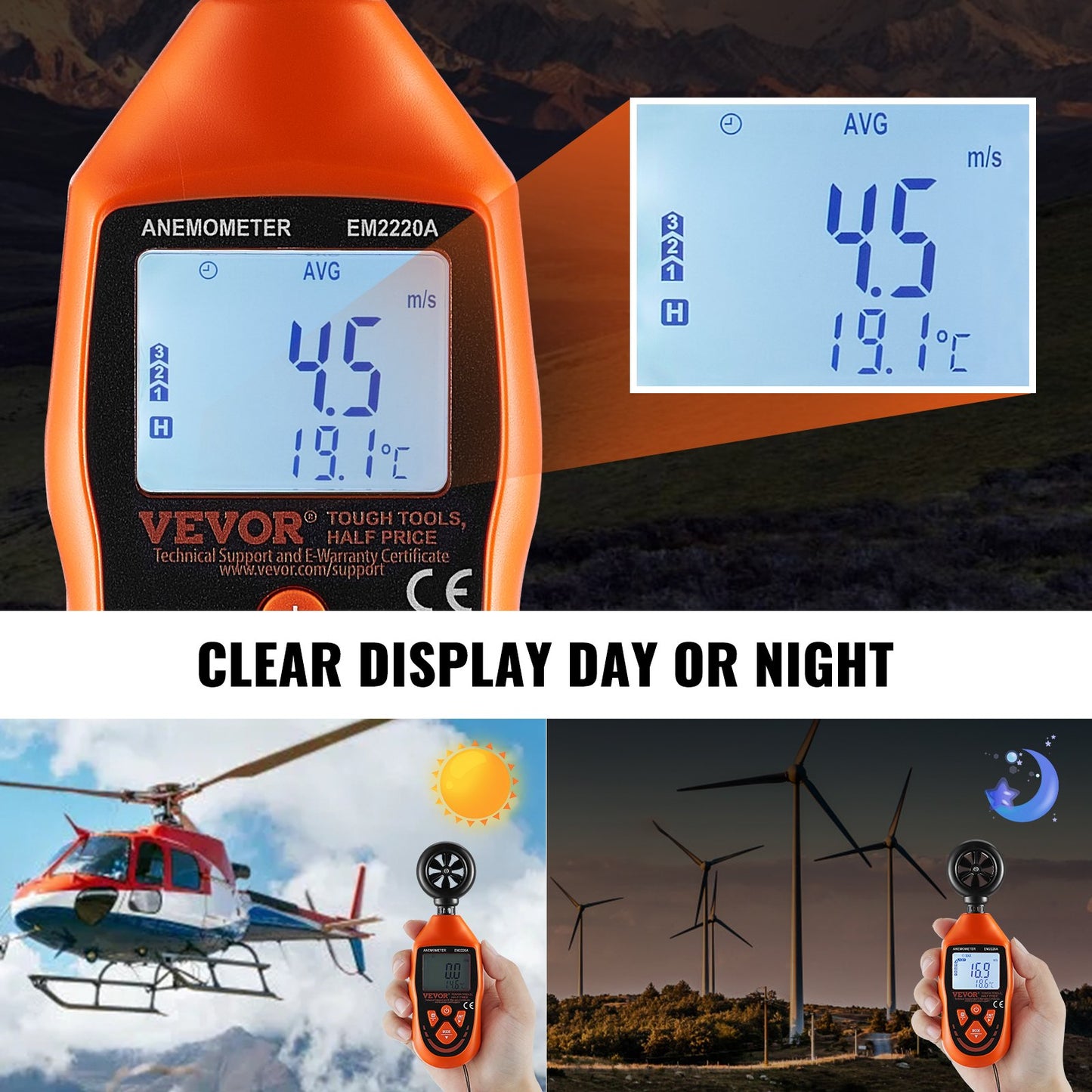 Digital Wind Speed Meter with Backlight - Wind Temperature & Air Flow Gauge - Orange