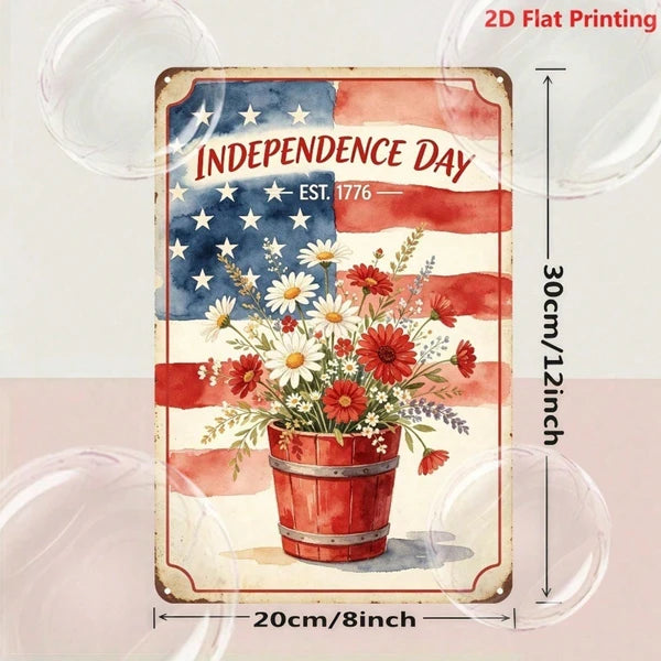 Patriotic Independence Day Floral Metal Tin Sign - 7.87 Inch
