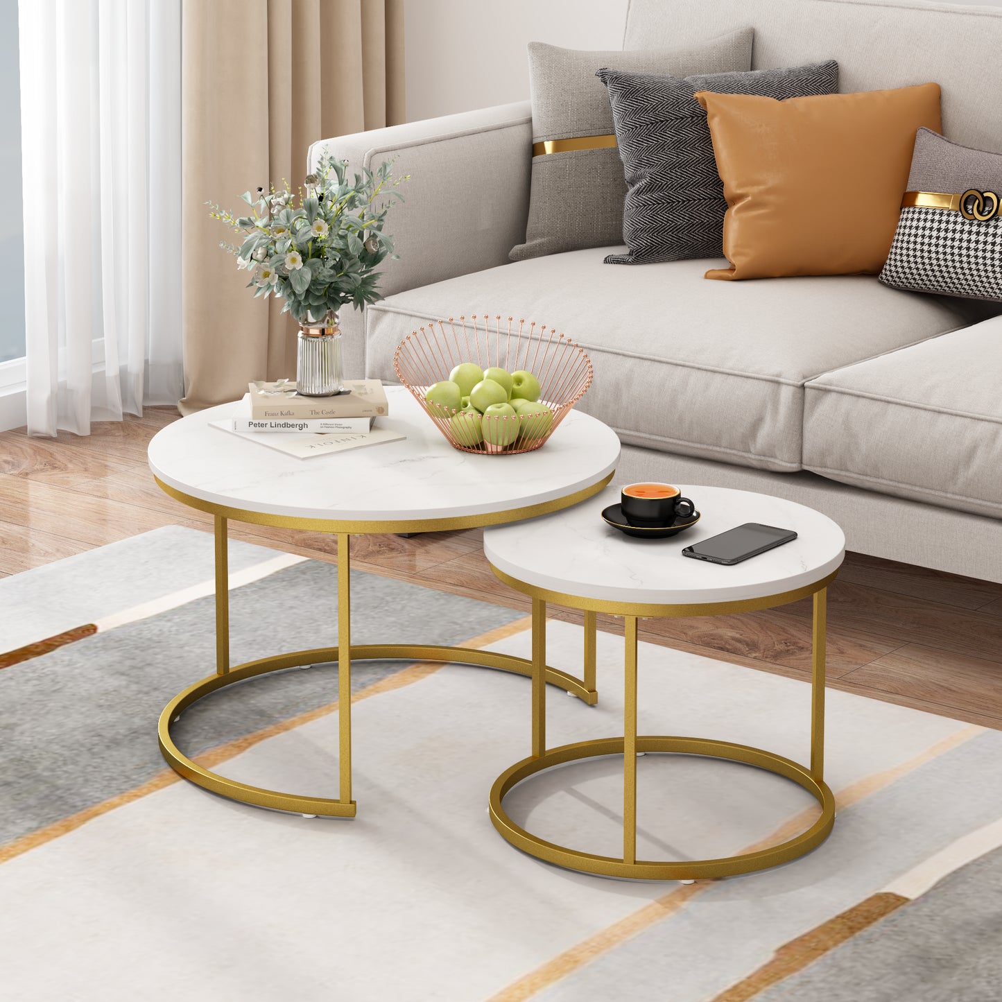 Nesting Coffee Table Set of 2 - Round Wood Marble Pattern - White+Gold