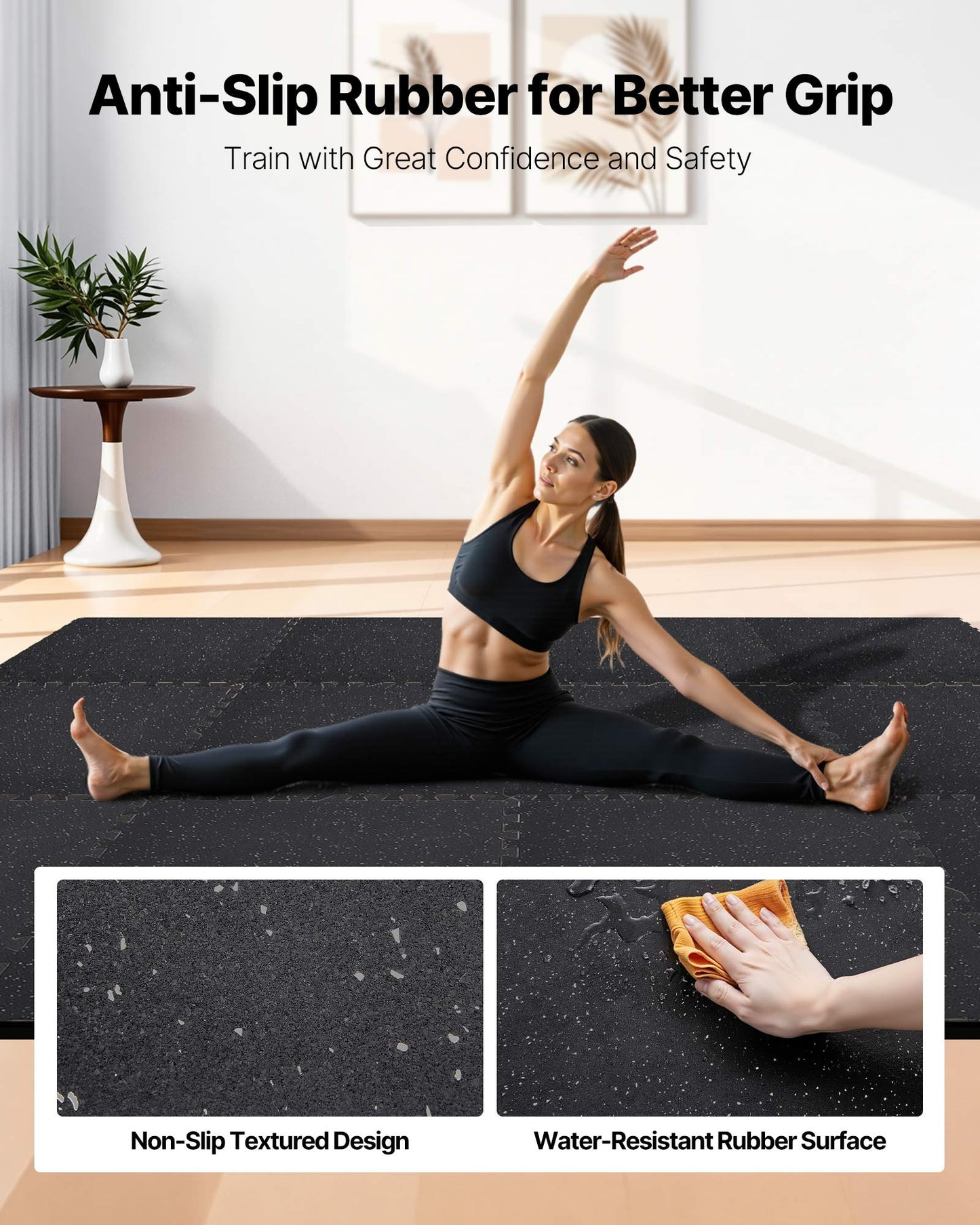 Puzzle Exercise Mat Set - Interlocking EVA Foam Gym Floor Tiles, 24x24x0.79 Inch, Gray Dots, Black