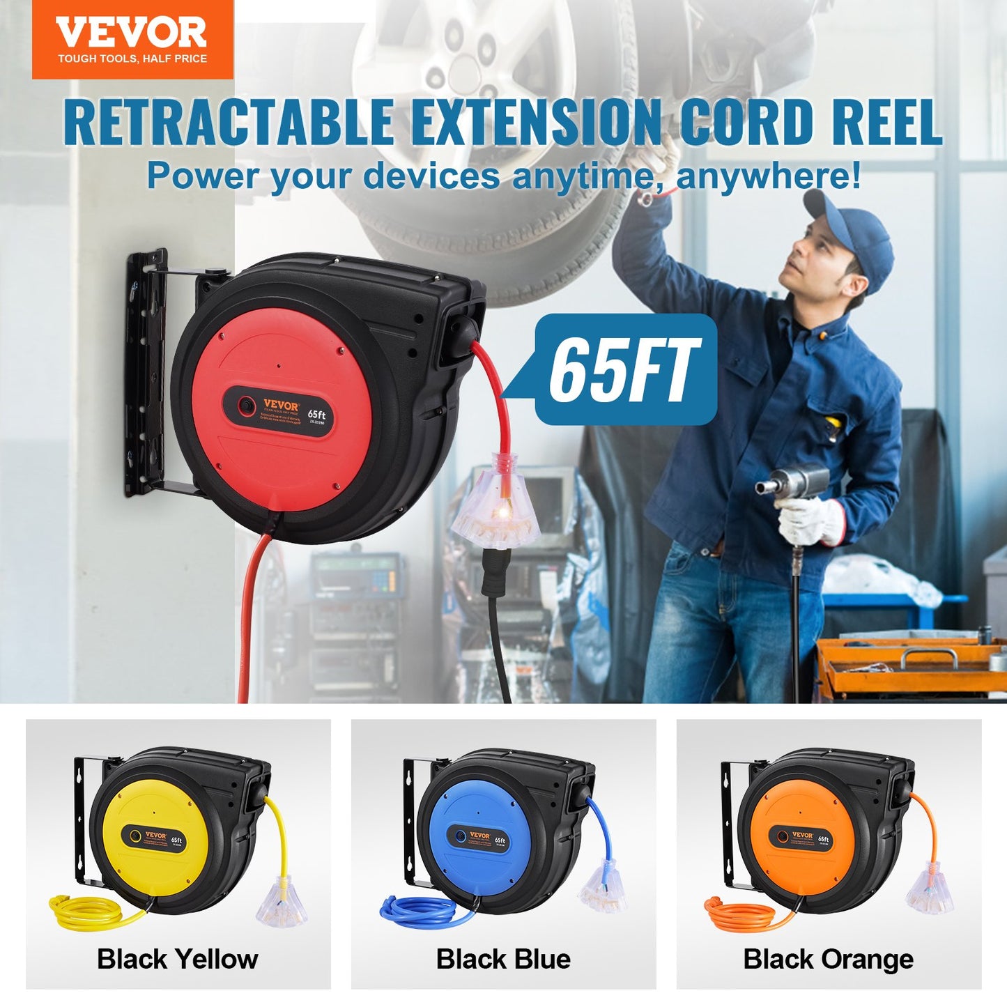 65FT Retractable Extension Cord Reel with 3 Outlets, Water-Resistant Power Cord