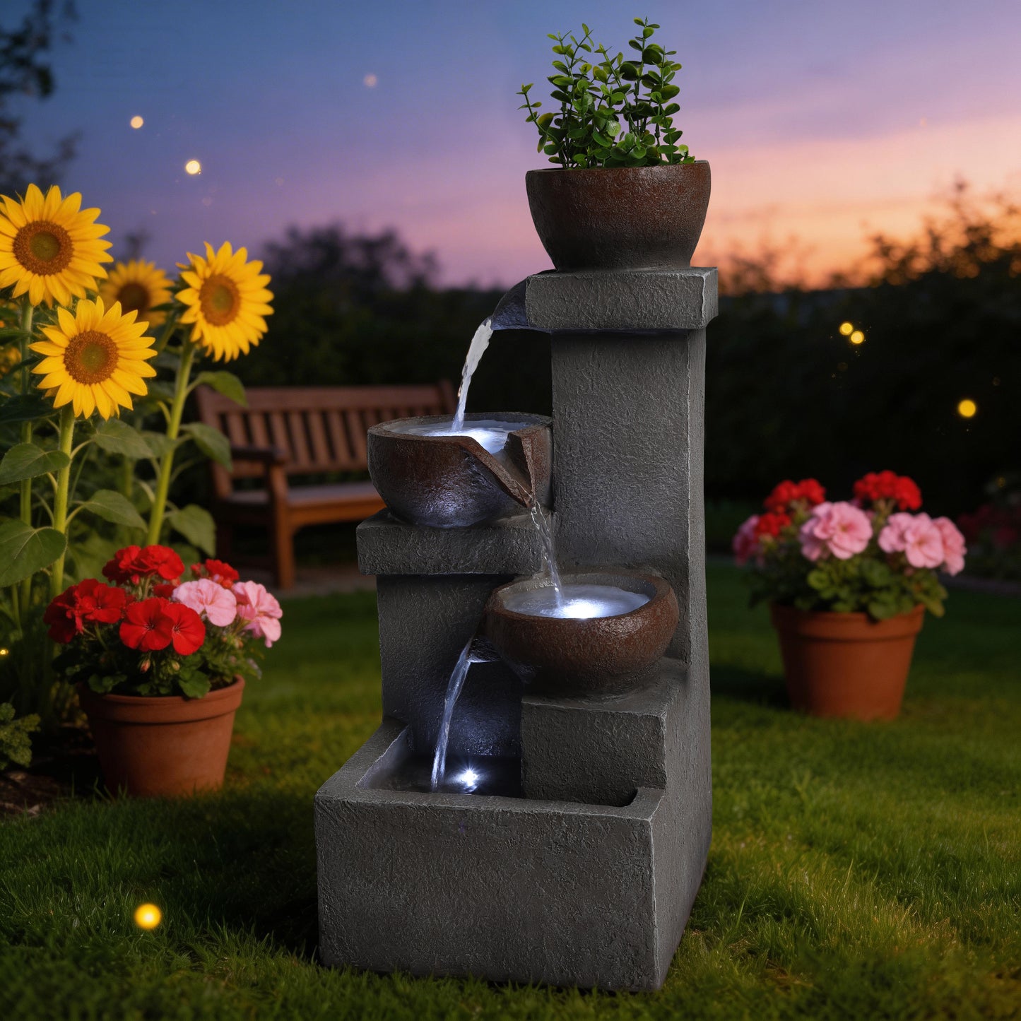 Outdoor Tiered Water Fountain with LED Lights Resin Garden Decor 23in