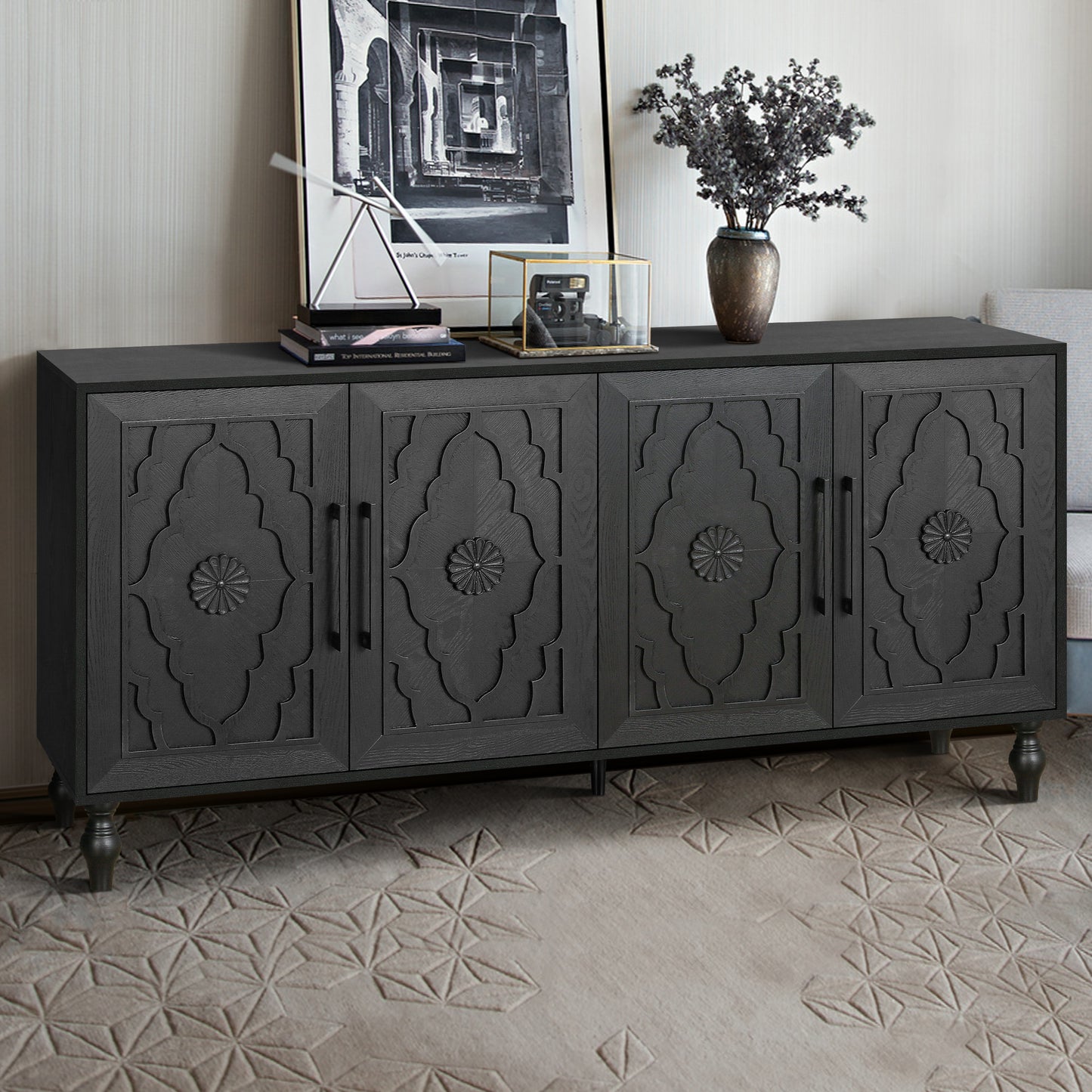 Large Carved Flower Door Storage Cabinet with Metal Handle - Black