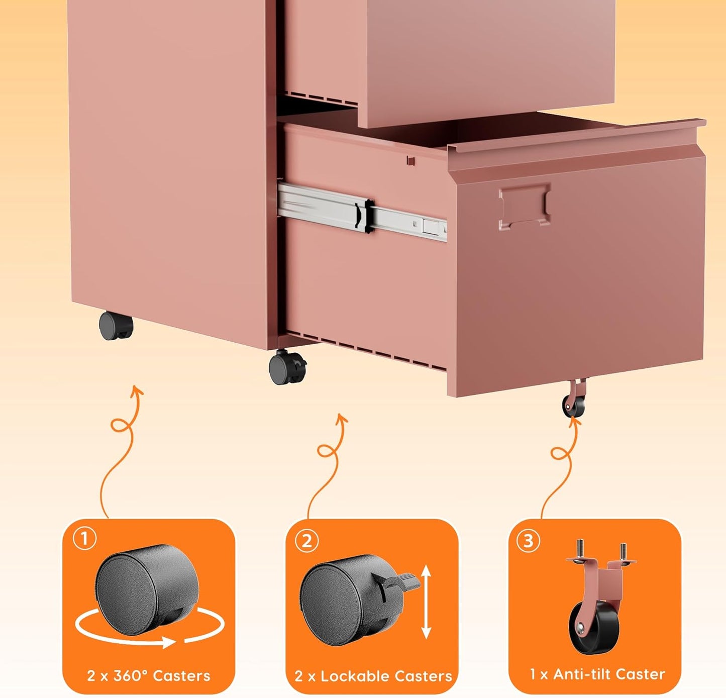2-Drawer Mobile File Cabinet with Lock - Pink