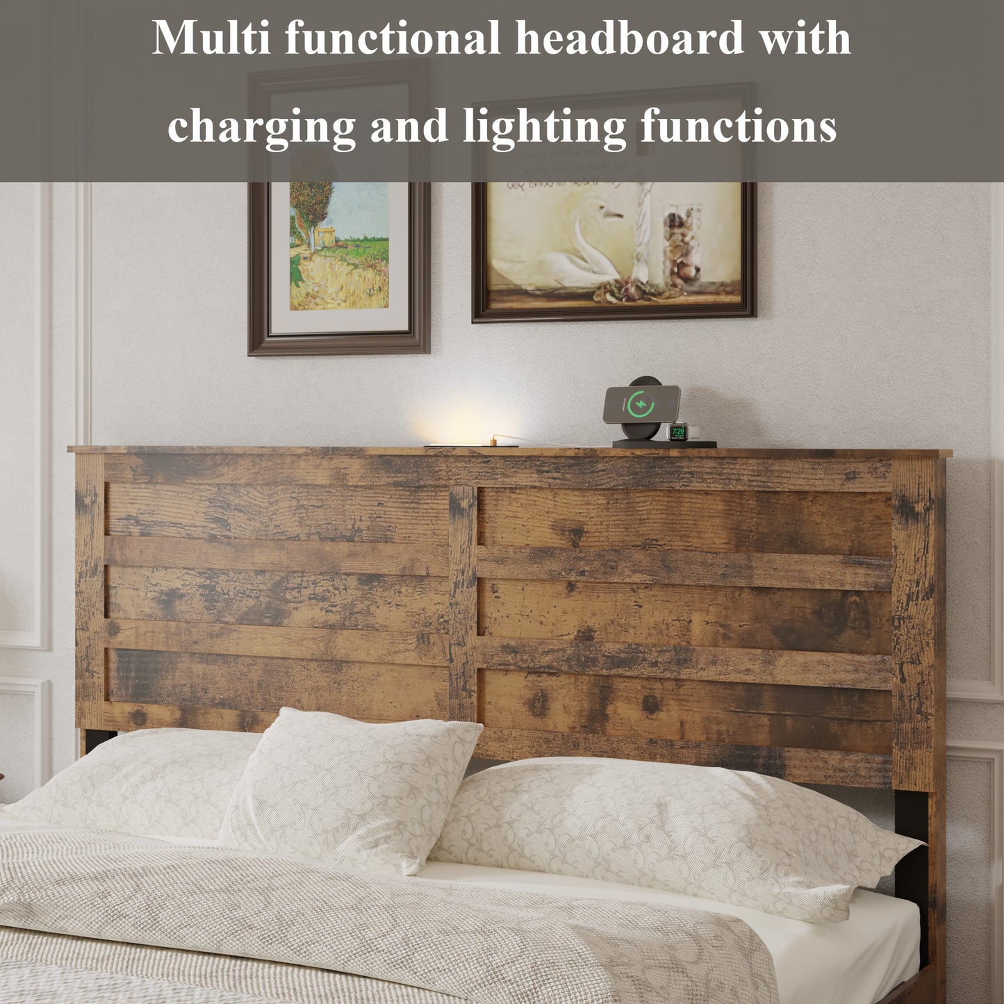 Queen Platform Bed Frame with LED Headboard, USB Charger & Drawers - Dark Brown