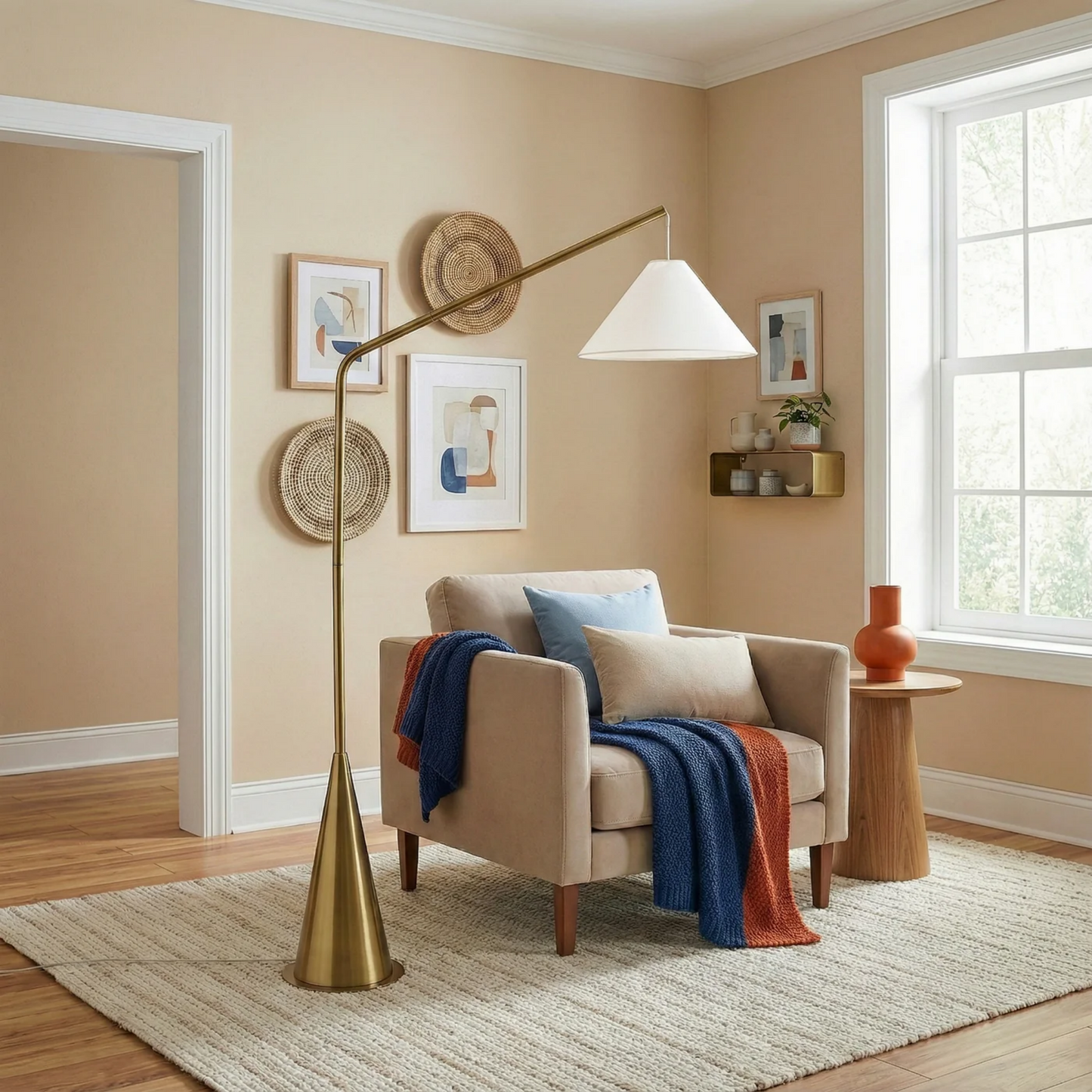 Lisbon Black Floor Lamp With On Off Coned Base Hanging White Fabric