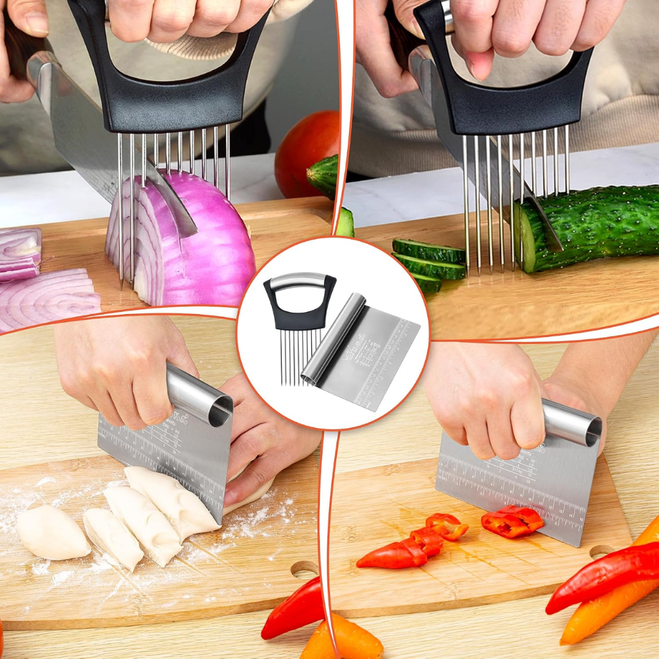 Multi-Purpose Stainless Steel Bench Scraper & Onion Holder Set