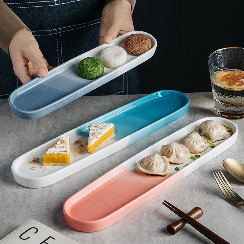 Japanese Ceramic Sushi Plate - Long Rectangular Porcelain Serving Dish