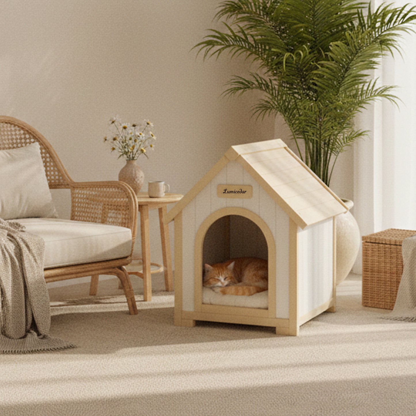 Indoor Wooden Dog House with EVA Cushion - Small Pet Shelter in Creamy White