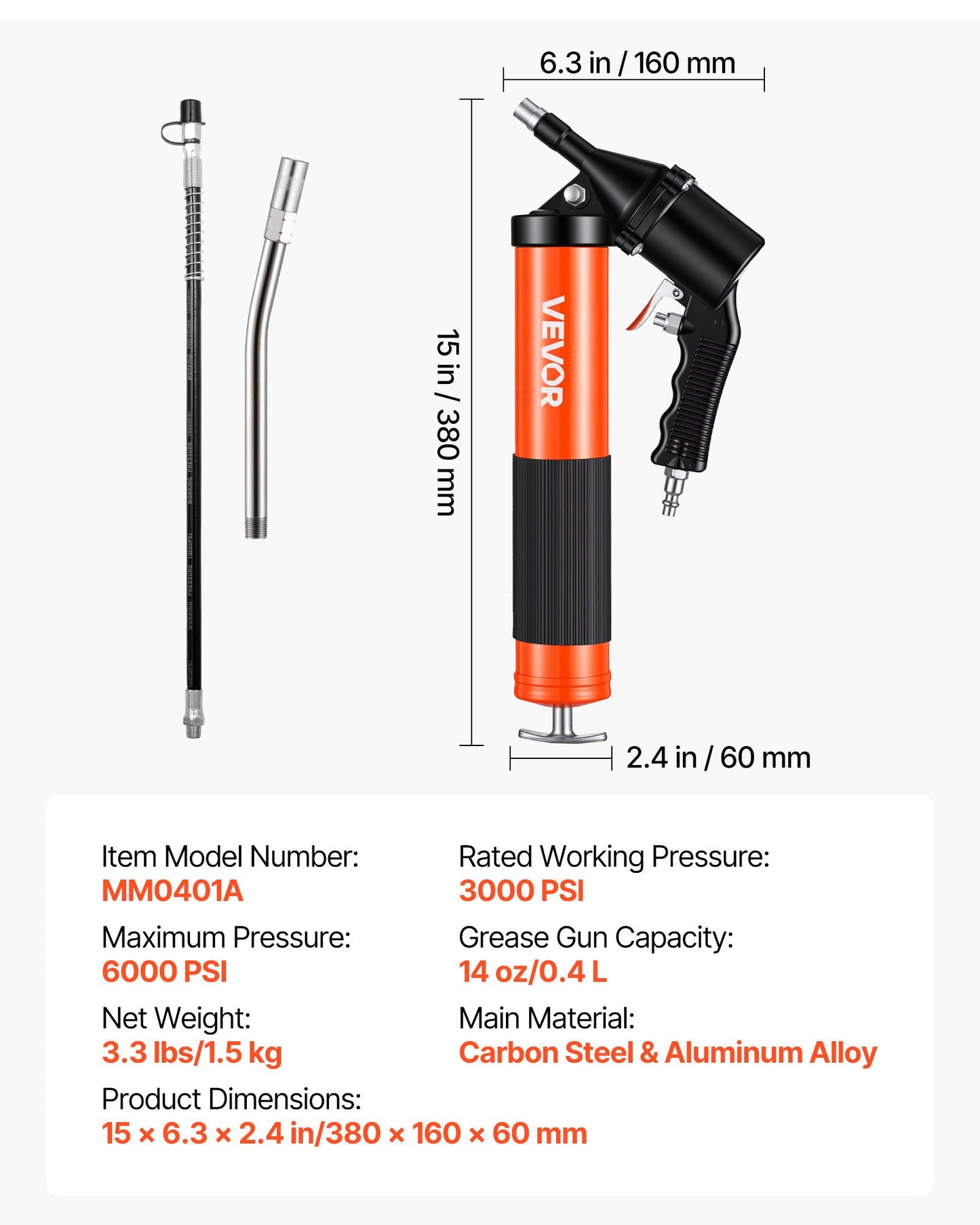 Heavy Duty Grease Gun 6000 PSI Pistol Grip Kit with 14 oz Capacity & 18-Inch Hose