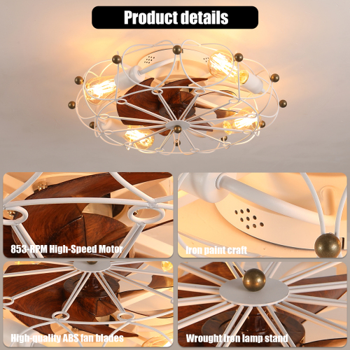 Low Profile Cage Ceiling Fan with Light and Remote, Modern Industrial Design - White
