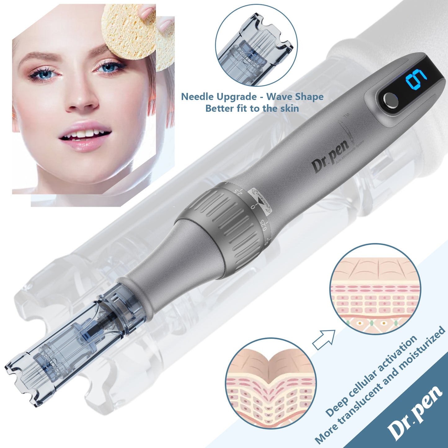Microneedle Derma Roller Pen with 15 Replacement Heads - Skin Rejuvenation Tool