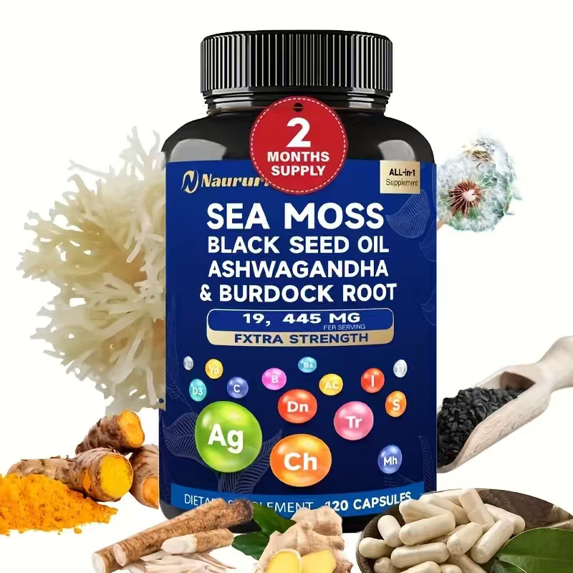 Sea Moss, Black Seed Oil, Ashwagandha & Burdock Root Capsules - 120 Count