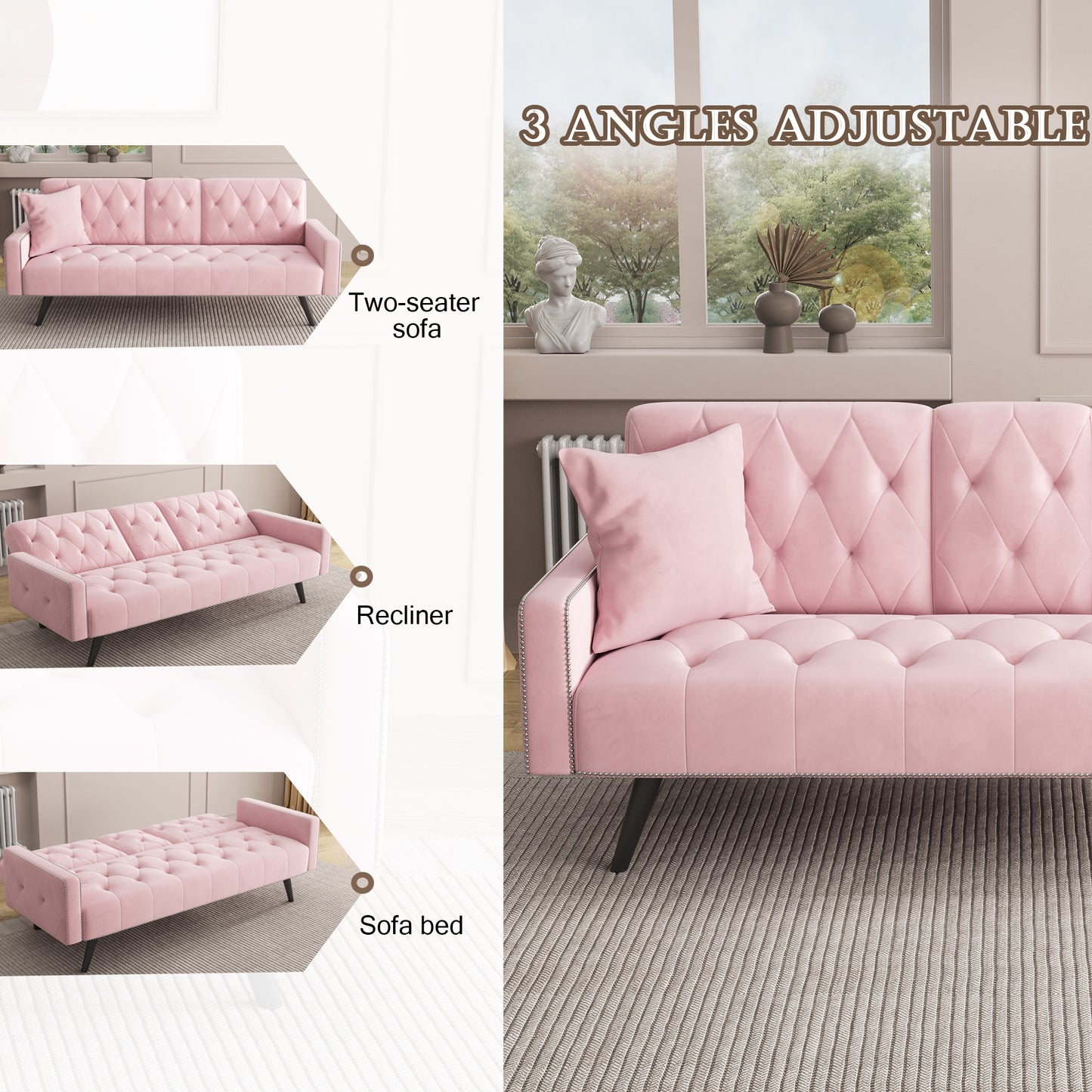 Pink Velvet Sofa Bed with Armrests & Cup Holders - 72"