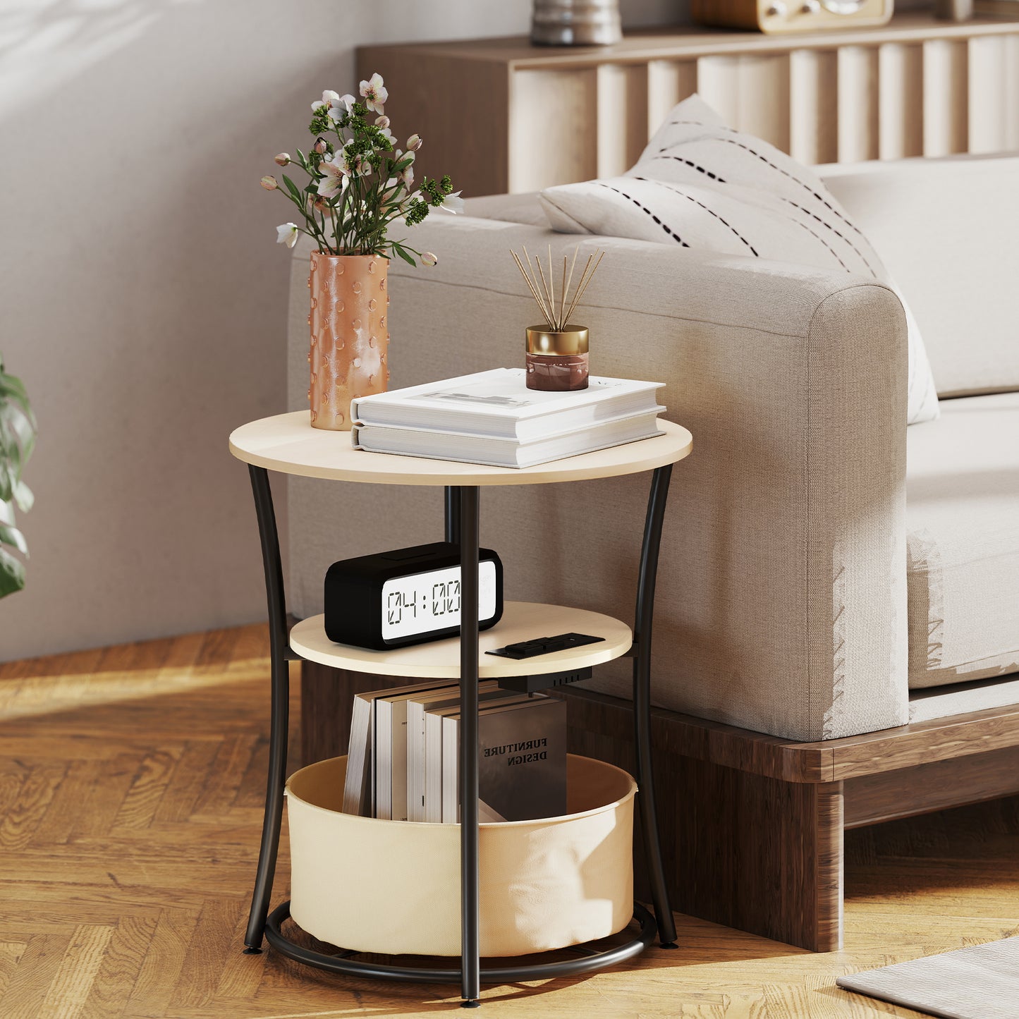 Round End Table with Charging Station & Fabric Storage Bag - Natural Wood