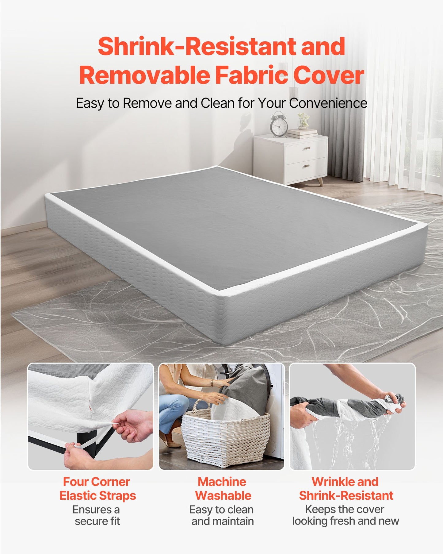 Queen Size Bed Frame with Washable Fabric Cover - Heavy Duty Metal Support