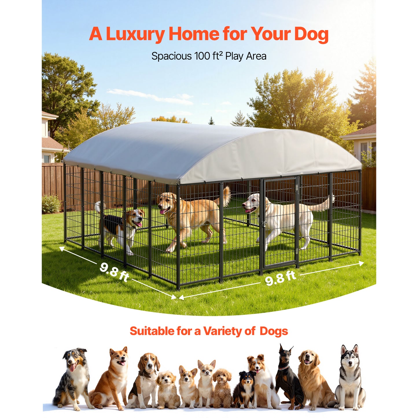 Large Outdoor Dog Kennel 9.8x9.8x5.4 Ft Waterproof UV-Resistant Roof Lockable Cage