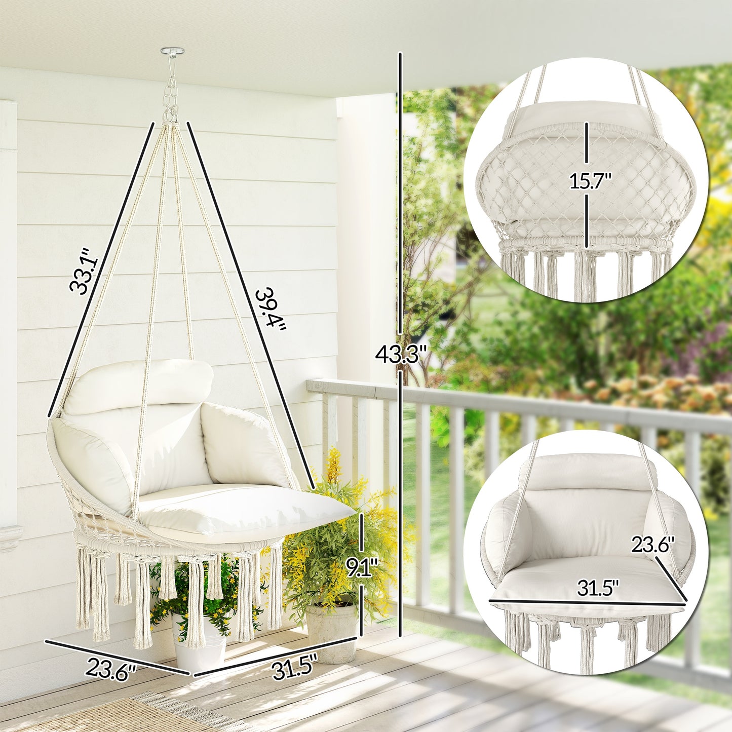 Macrame Hanging Hammock Chair with Large Cushion - Cream White