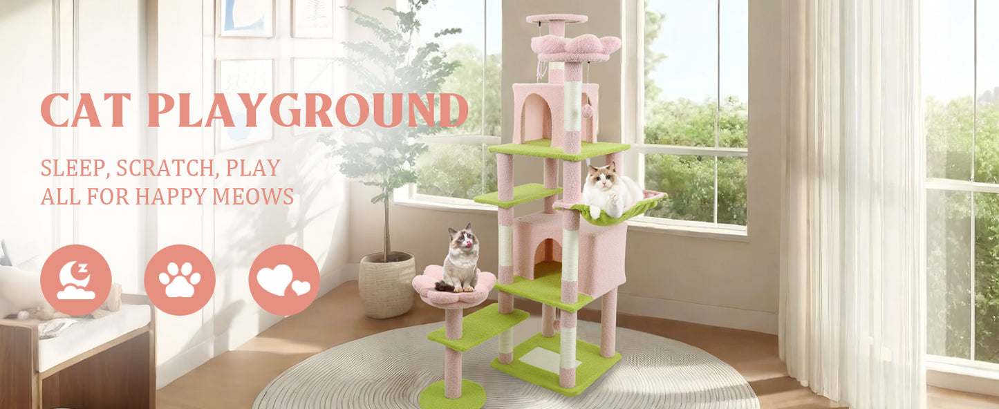 71-Inch Flower Cat Tree with Large Condo, Removable Flower Cushion & Hammock - Pink