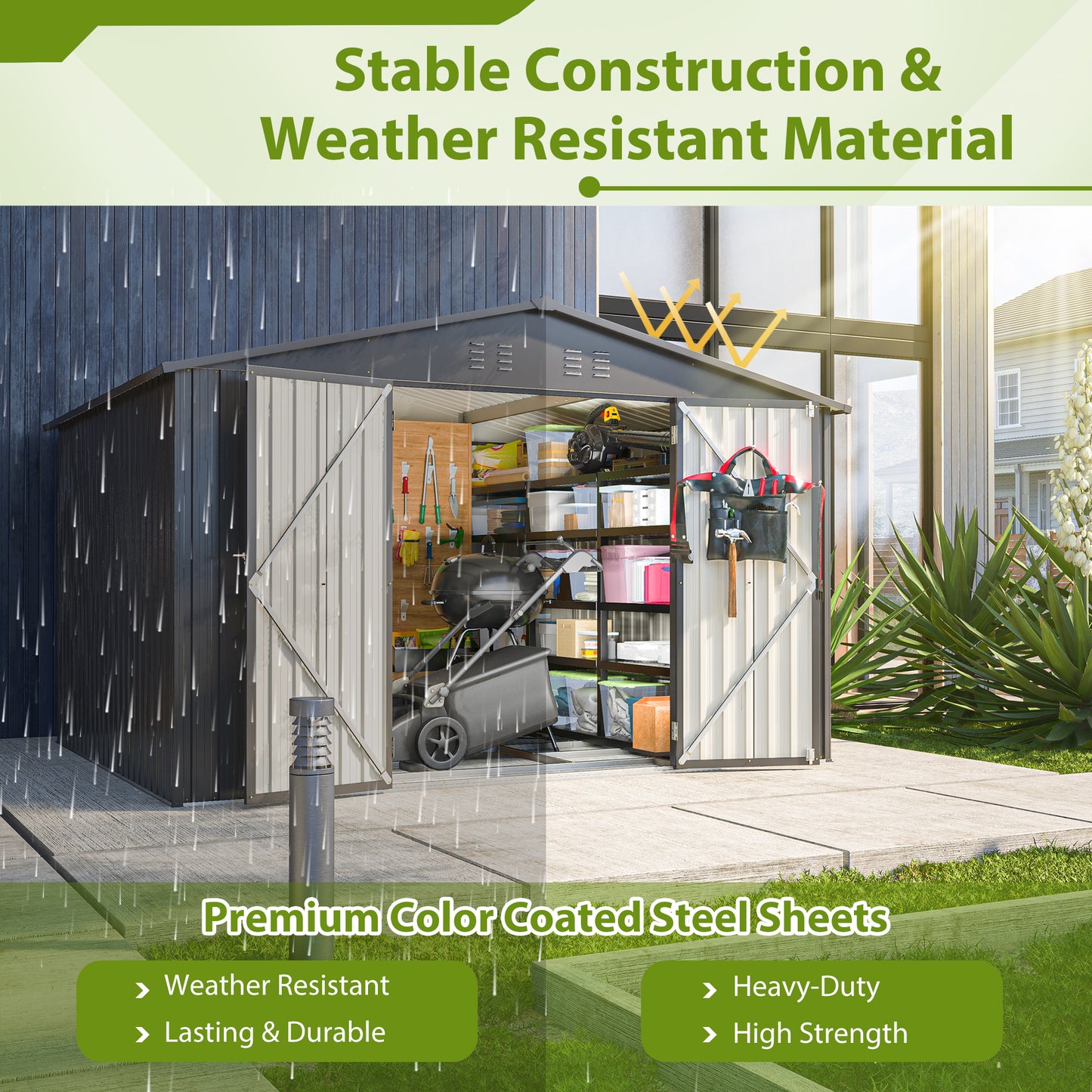 10X8 FT Outdoor Storage Shed, All Weather Metal Sheds With Lockable