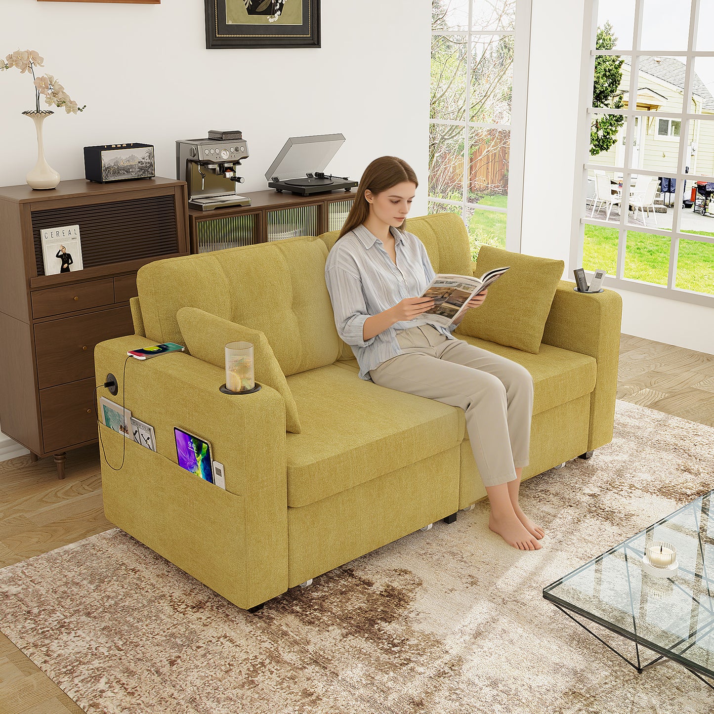 Modern 3-Seat Sofa with USB Charging & Storage - Mustard Yellow