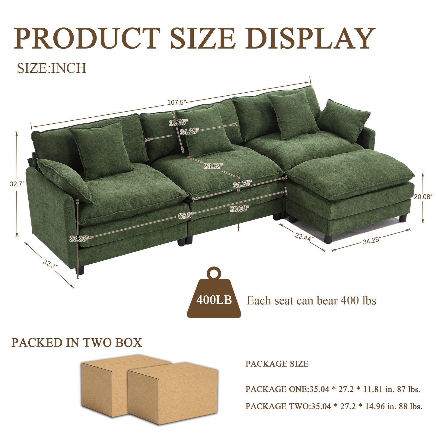 108" L-Shaped Modern Chenille Sectional Sofa with Ottoman - Green