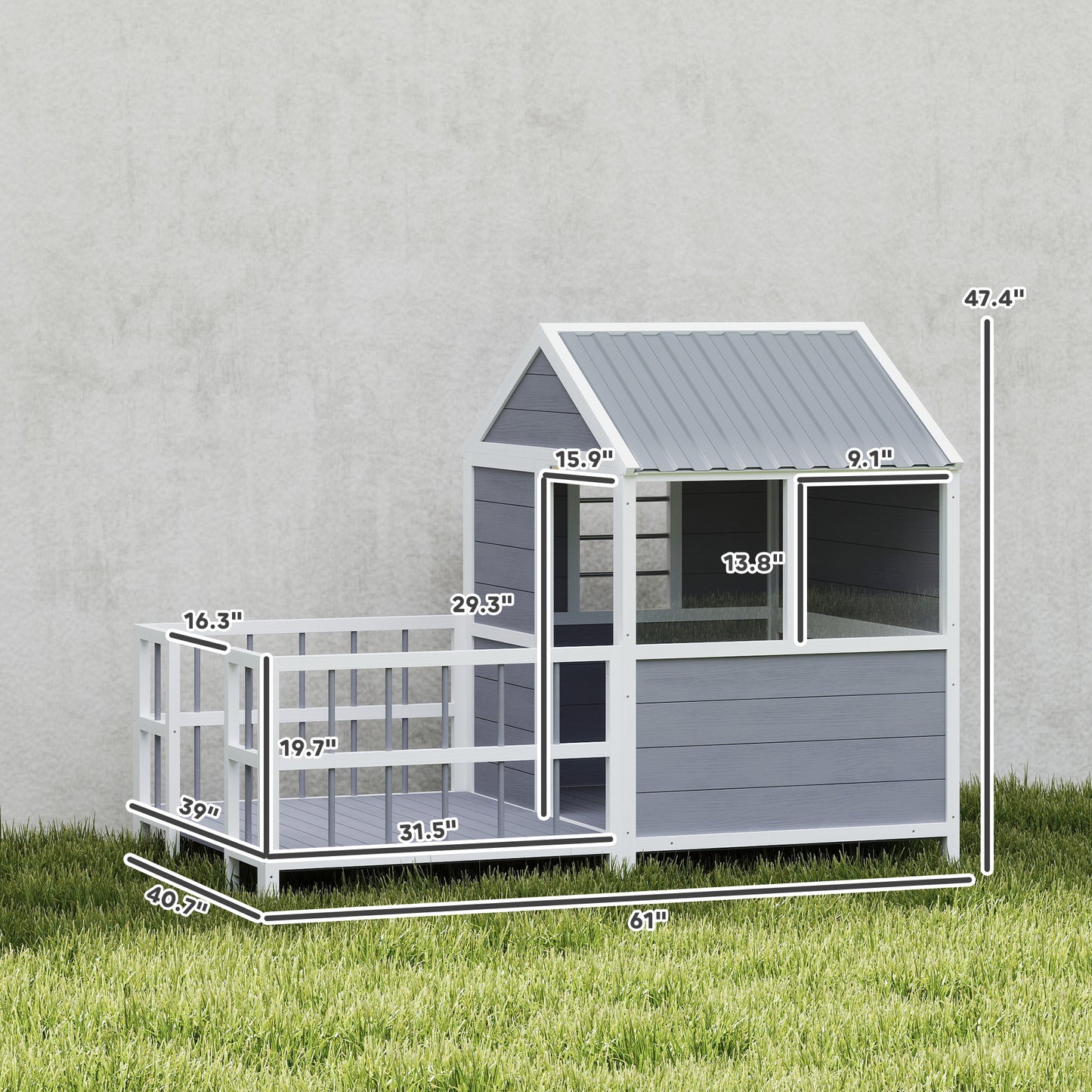 Large Wooden Outdoor Dog House with Porch & Weatherproof Roof - Gray
