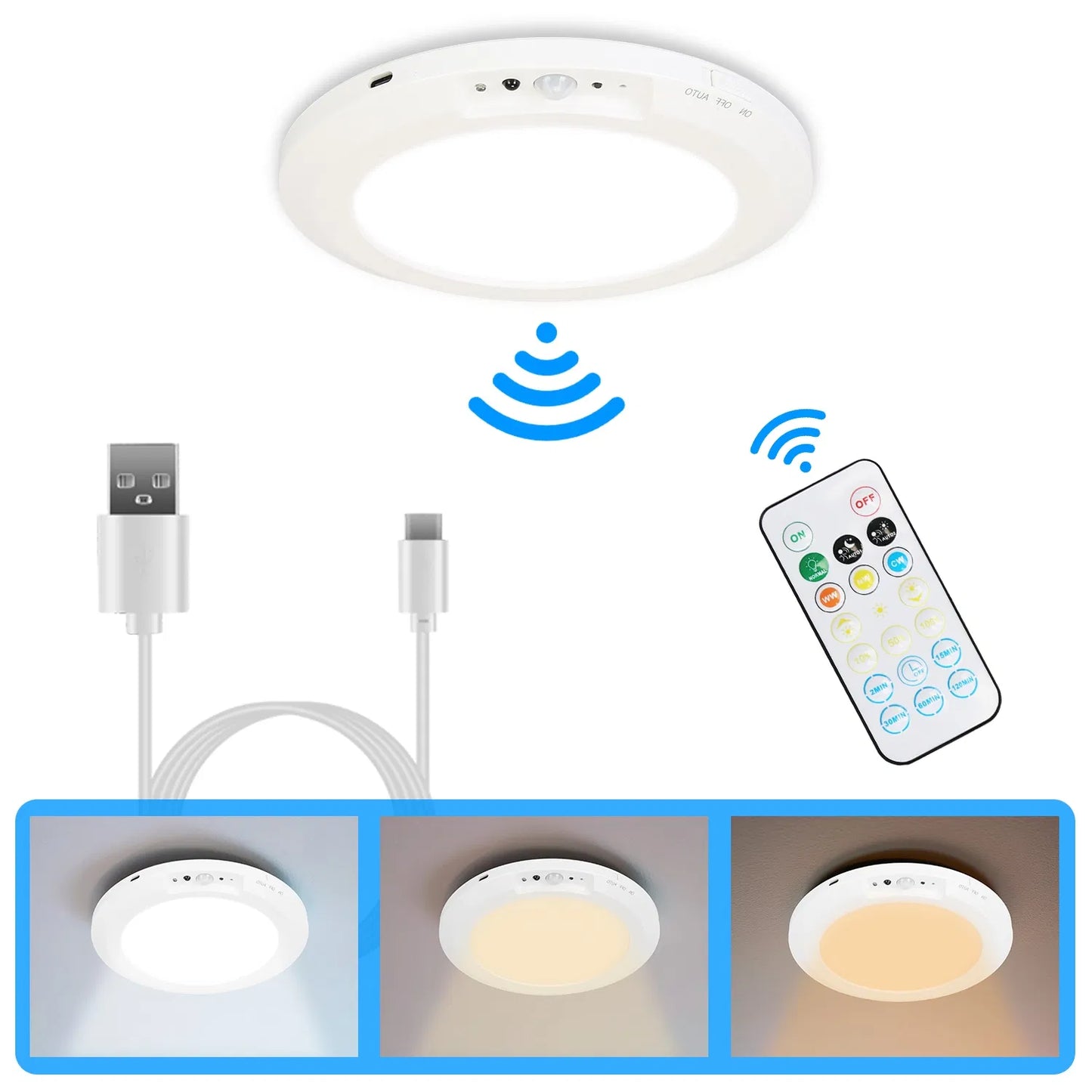 Rechargeable Magnetic Ceiling Light with Motion Sensor and Remote Control — Dimmable, 3 Color Temperatures